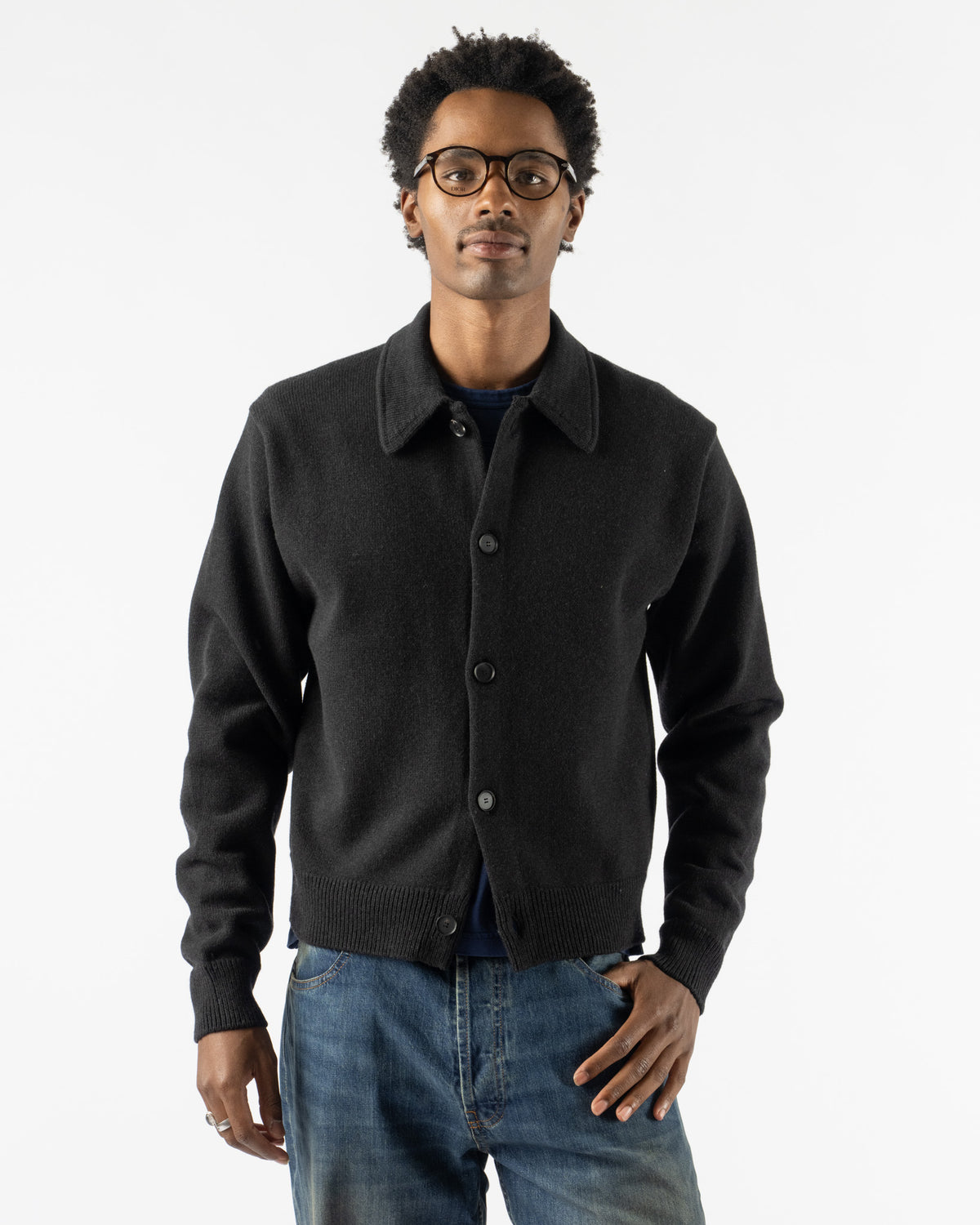 Auralee Super Fine Wool Knit Shirt Cardigan in Top Black