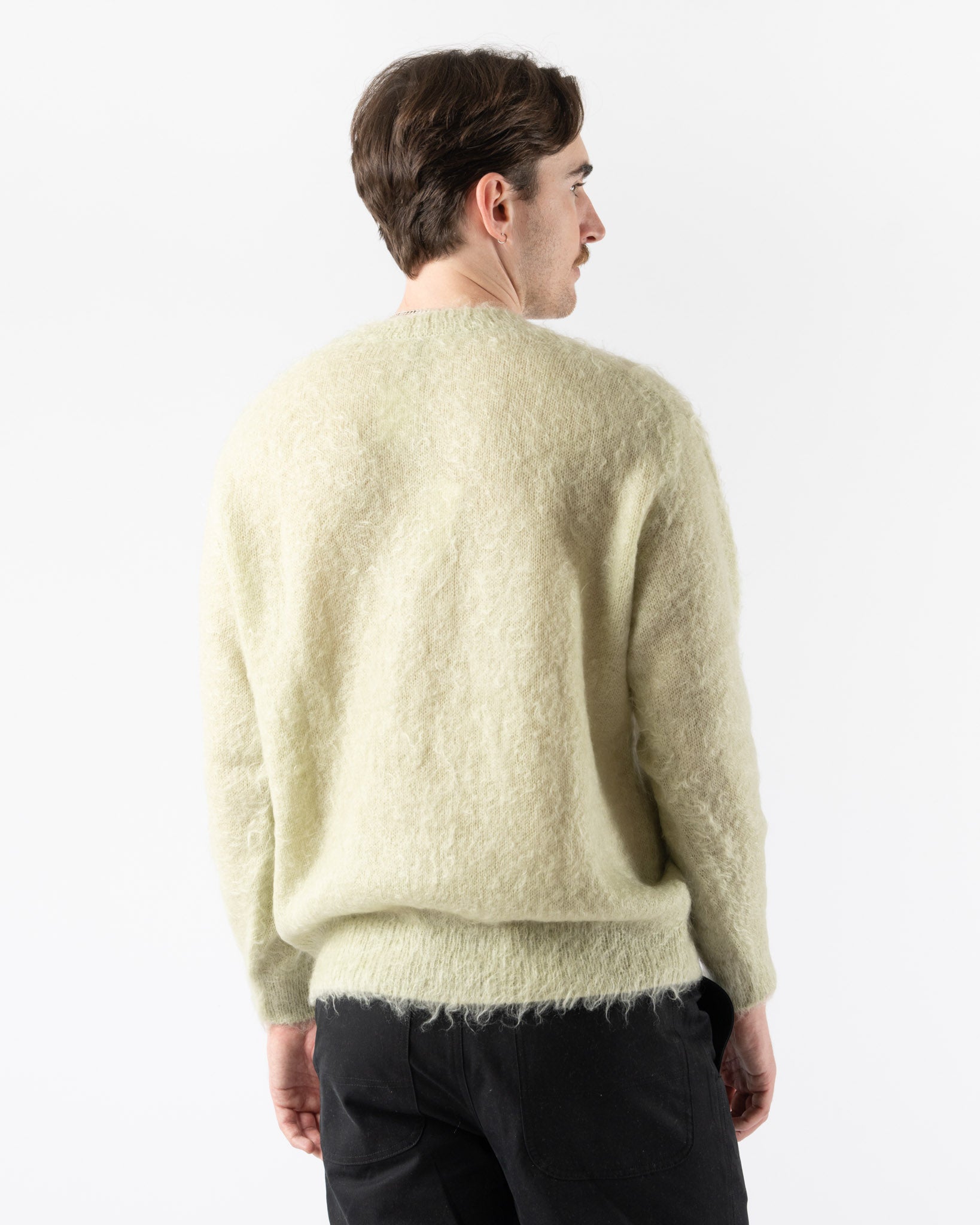 Auralee Mens Brushed Super Kid Mohair Knit Pullover in Light Khaki