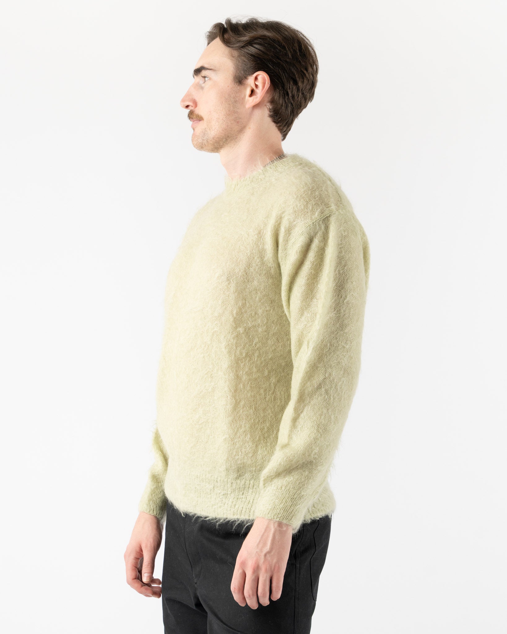 Auralee Mens Brushed Super Kid Mohair Knit Pullover in Light Khaki