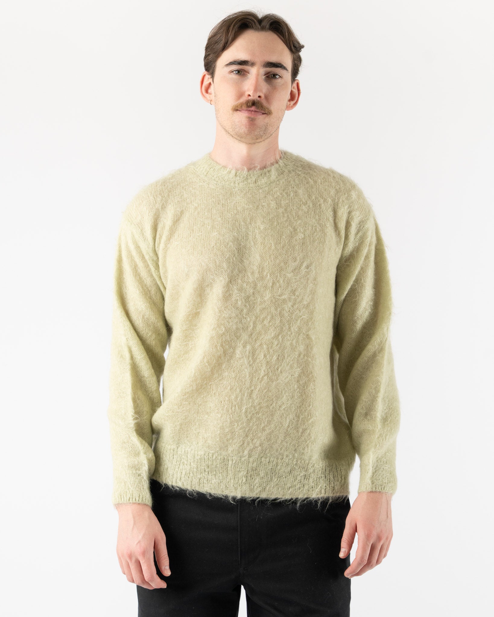 Auralee Mens Brushed Super Kid Mohair Knit Pullover in Light Khaki