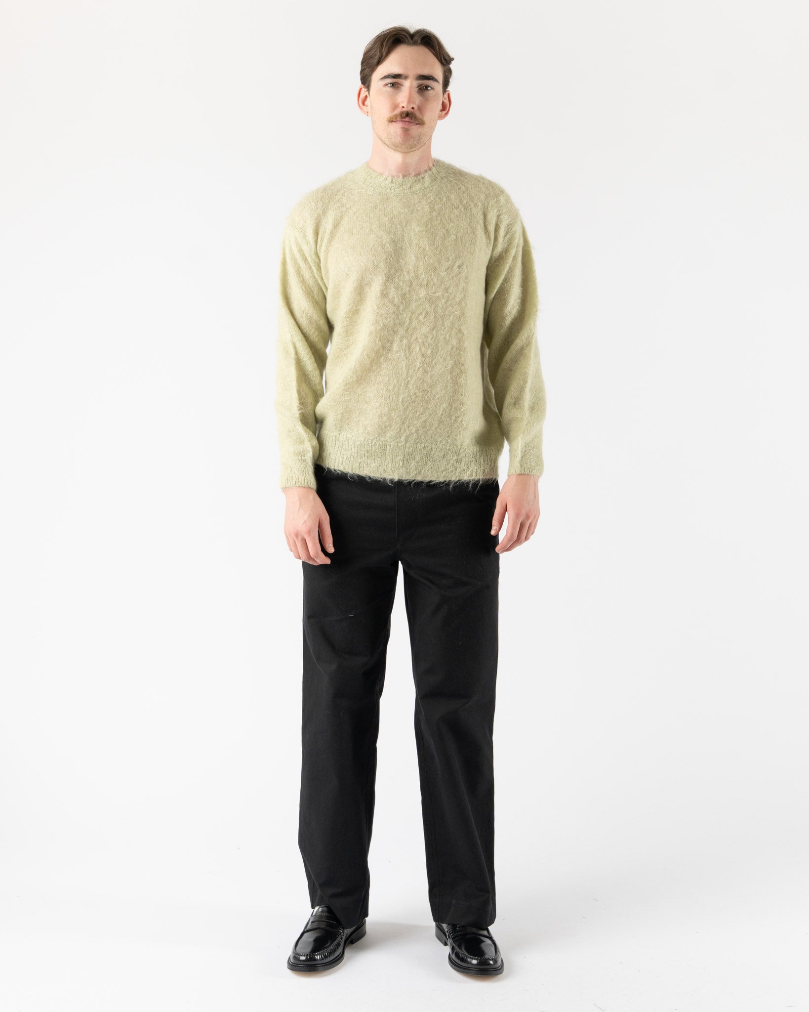 Auralee Mens Brushed Super Kid Mohair Knit Pullover in Light Khaki
