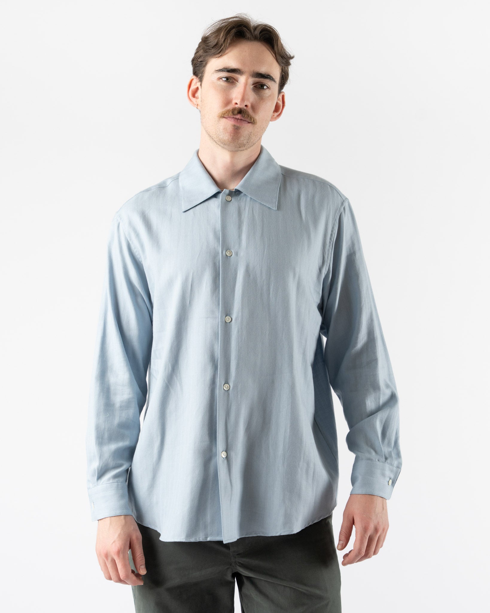 Auralee Cotton Cashmere Herringbone Shirt in Light Blue