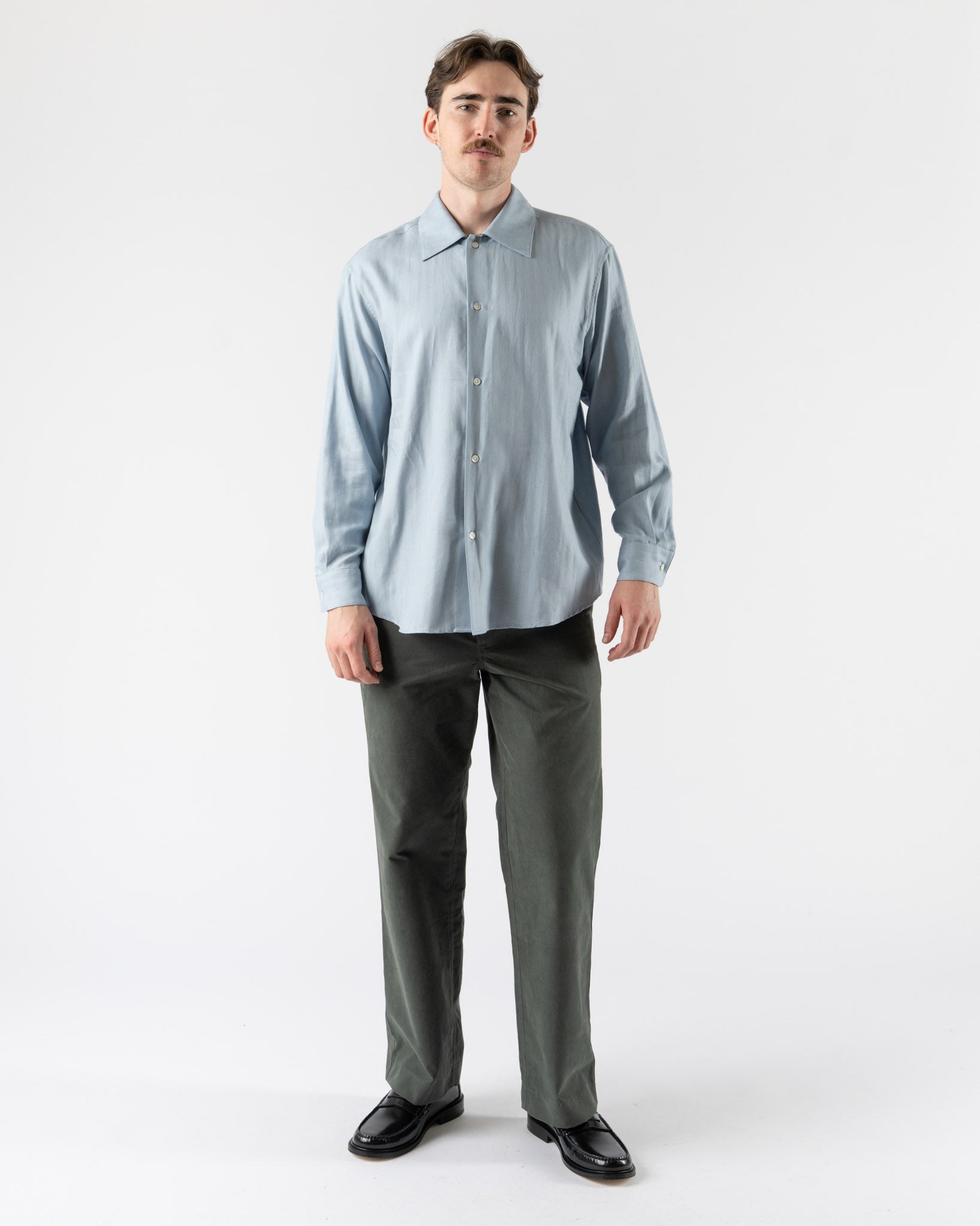 Auralee Cotton Cashmere Herringbone Shirt in Light Blue Curated at