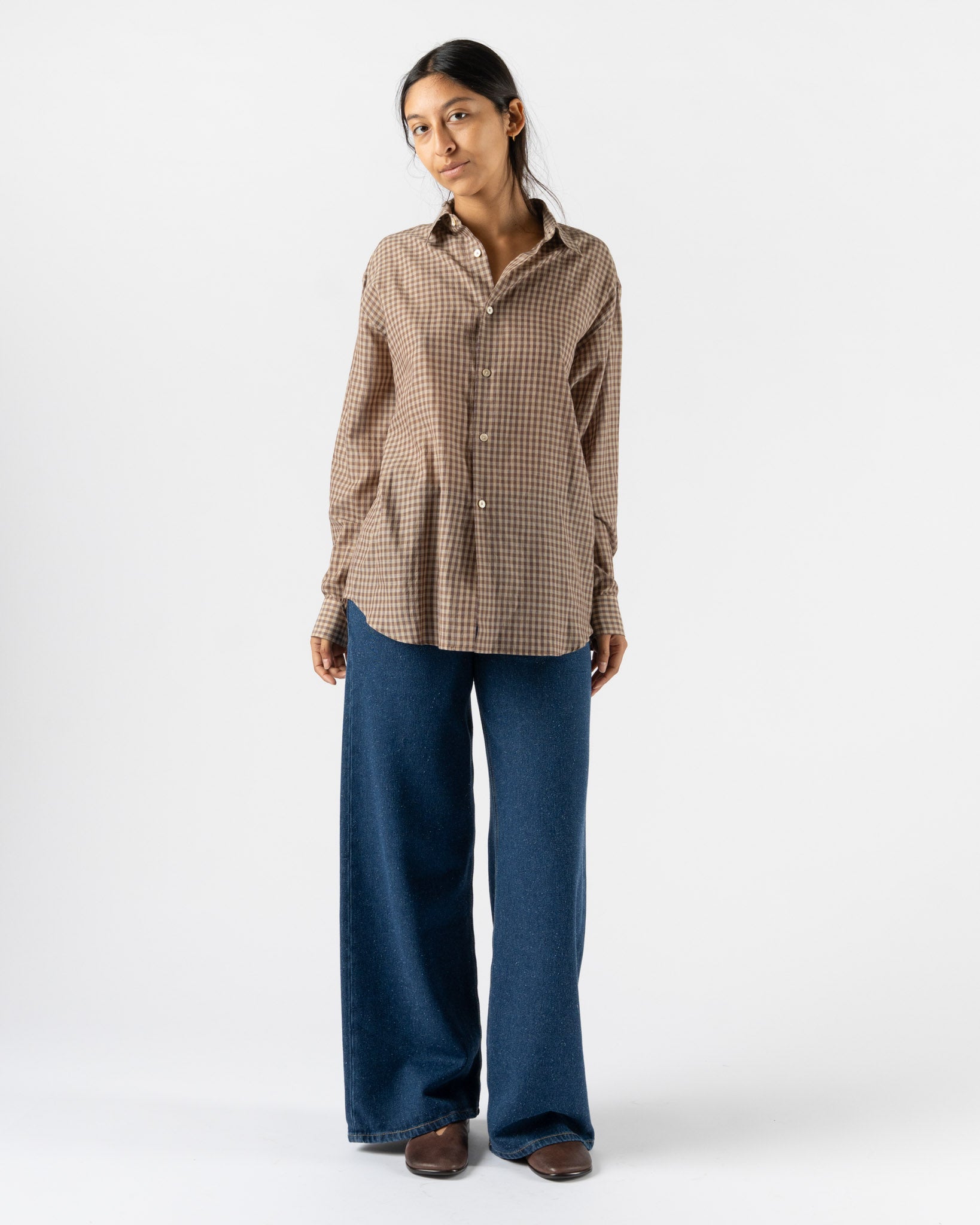 Auralee Cotton Shirt in Brown Gingham Check