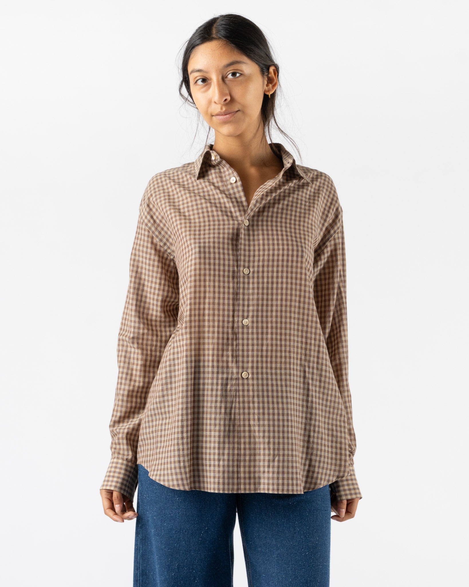 Auralee Cotton Shirt in Brown Gingham Check
