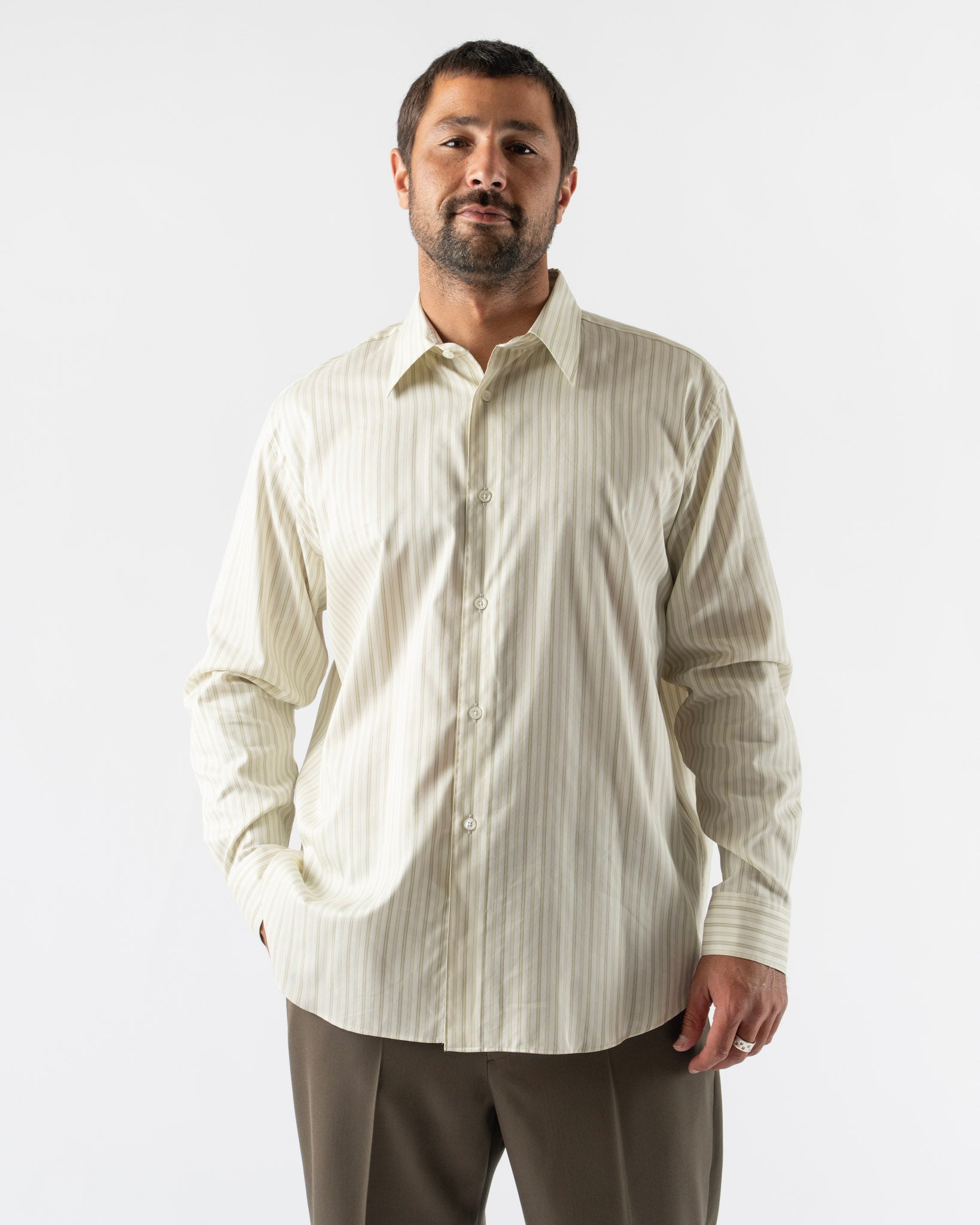 Auralee Cotton Silk Shirt in Ivory Stripe