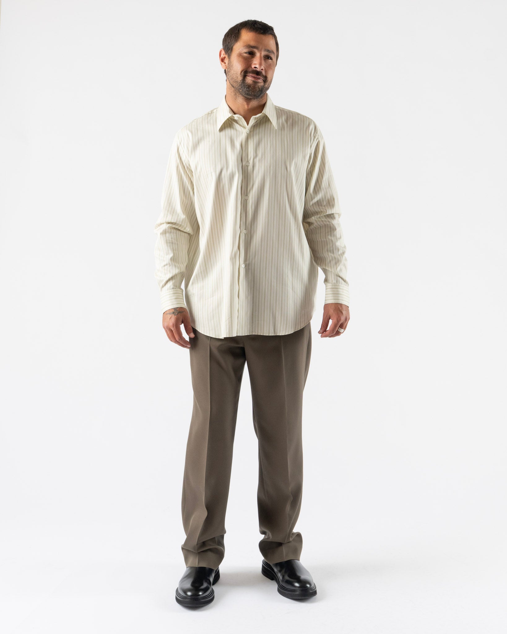 Auralee Cotton Silk Shirt in Ivory Stripe Curated at Jake and Jones