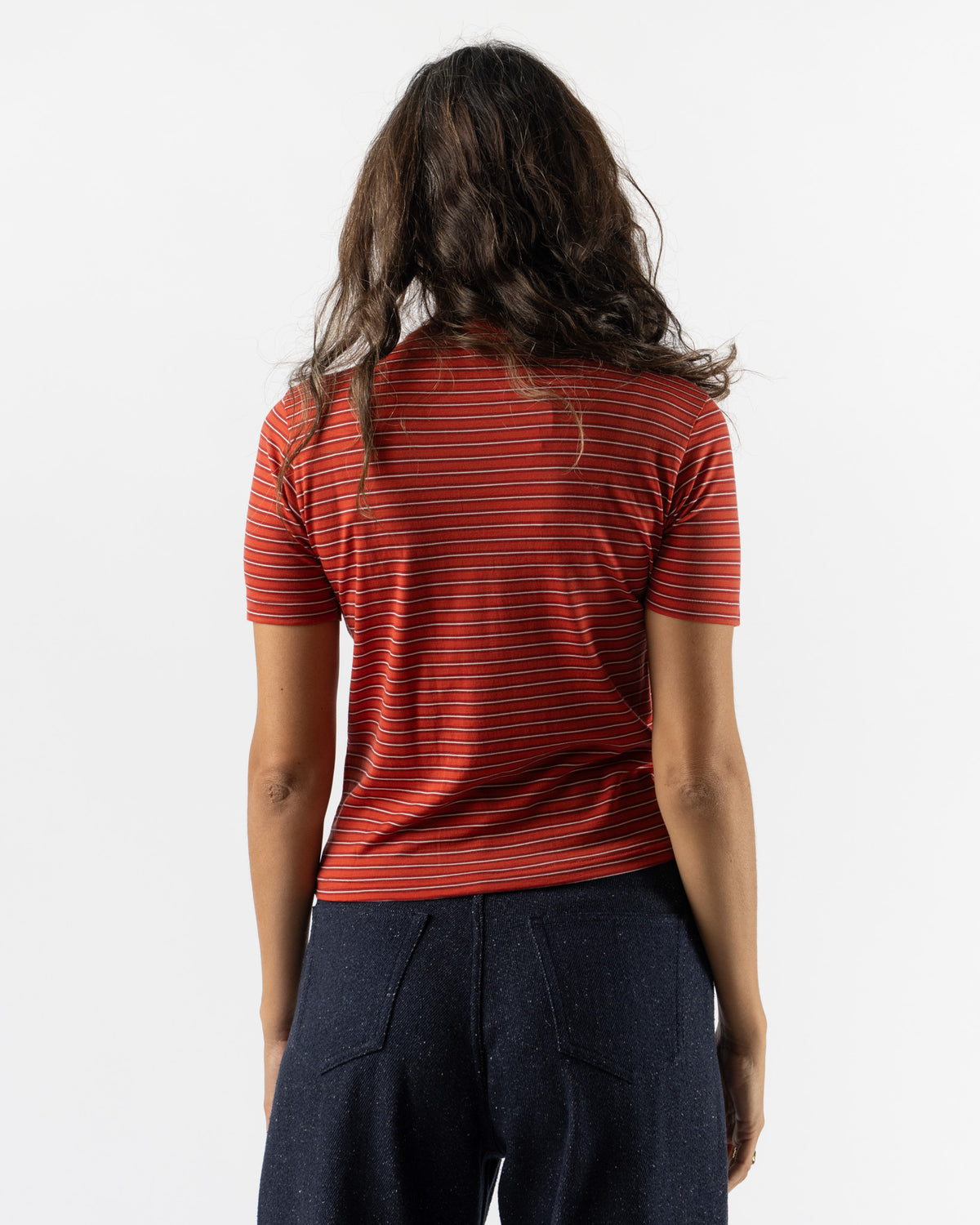 Auralee Soft Smooth Wool Stripe Jersey Tee in Red Stripe