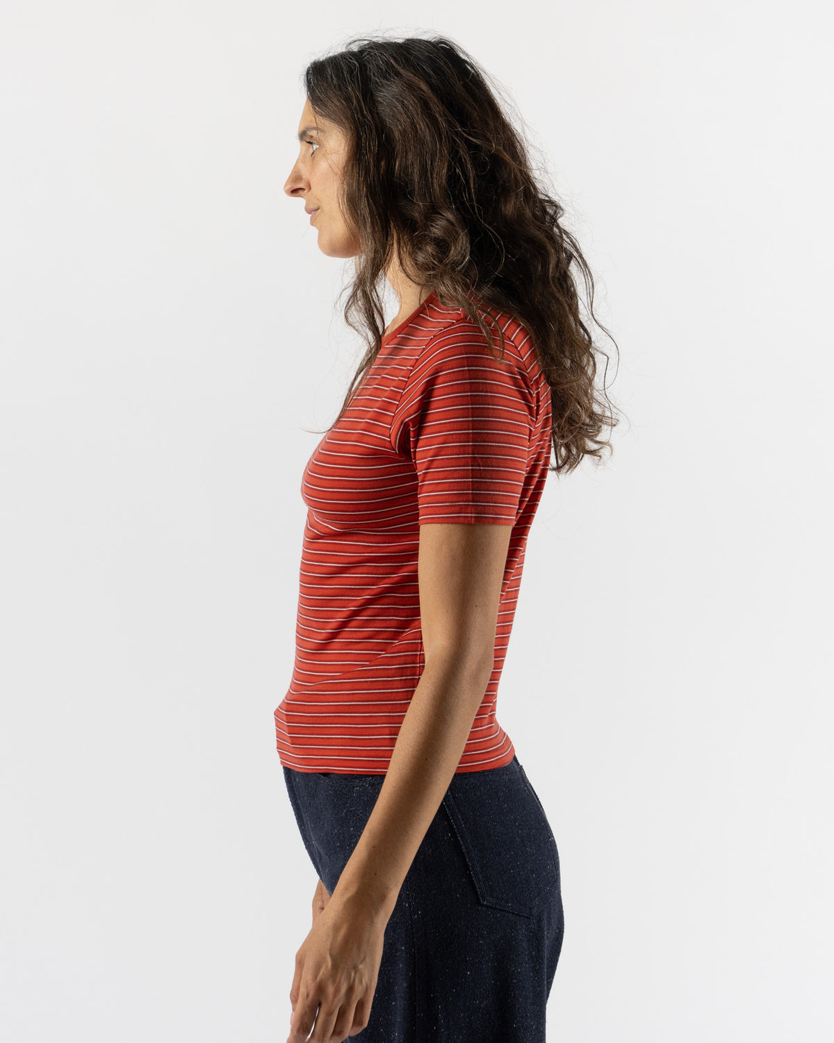 Auralee Soft Smooth Wool Stripe Jersey Tee in Red Stripe