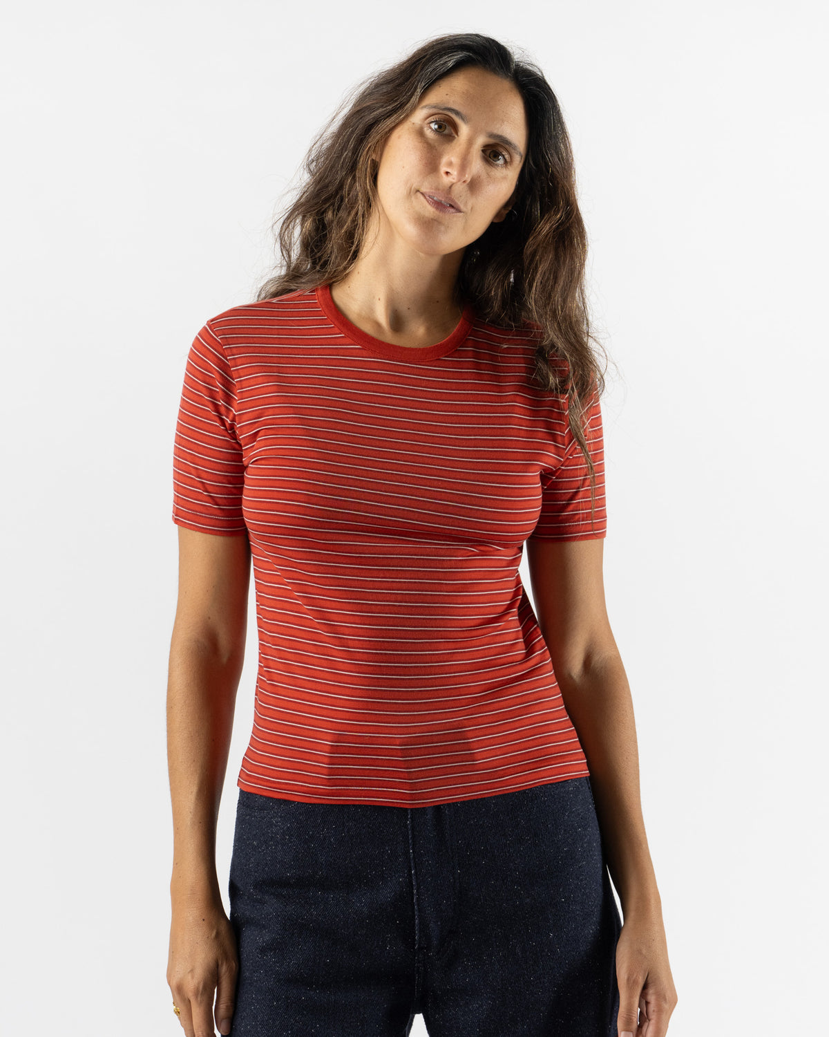 Auralee Soft Smooth Wool Stripe Jersey Tee in Red Stripe