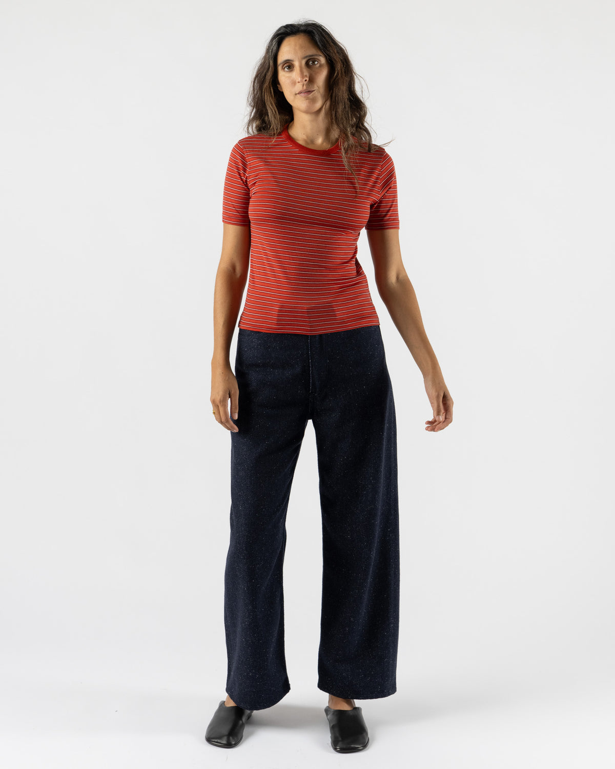 Auralee Soft Smooth Wool Stripe Jersey Tee in Red Stripe