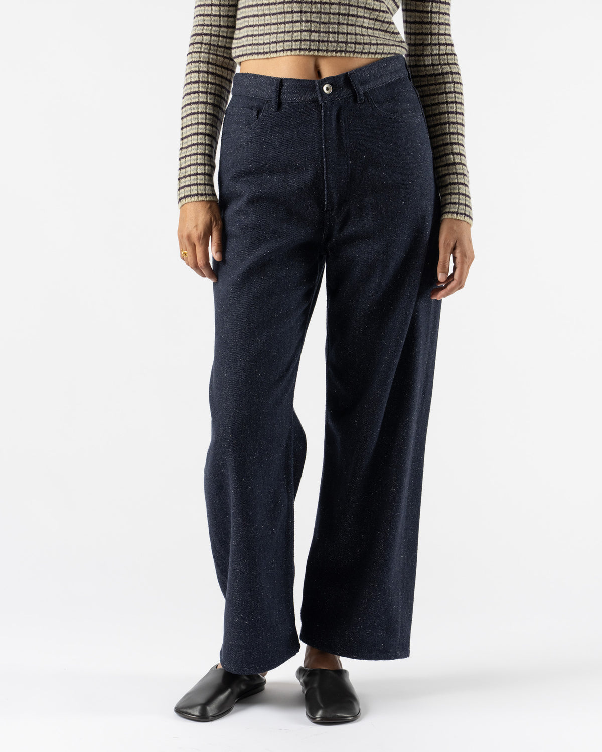 Auralee Silk Nep Denim 5P Wide Pants in Dark Navy