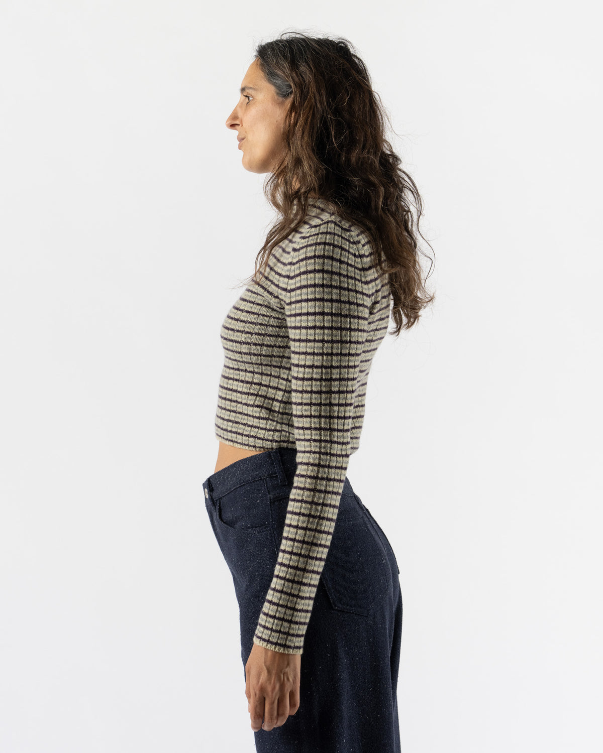 Auralee Shetland Wool Cashmere Rib Knit Boat-Neck Pullover in Lime Purple Stripe