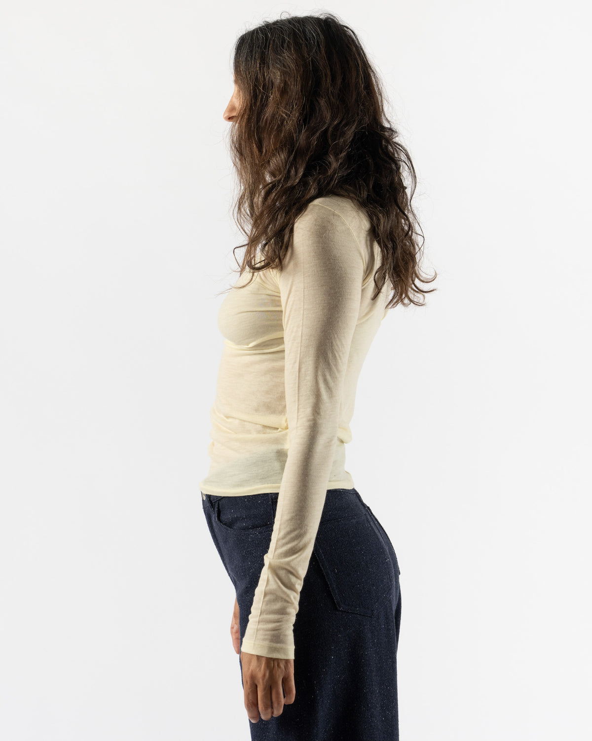 Auralee Cashmere Nylon Jersey Ringer L/S Tee in Light Yellow