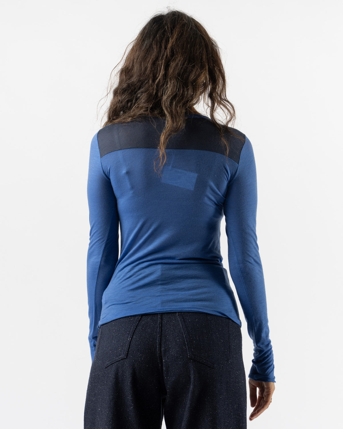 Auralee Cashmere Nylon Jersey Contrast L/S Tee in Blue X Navy