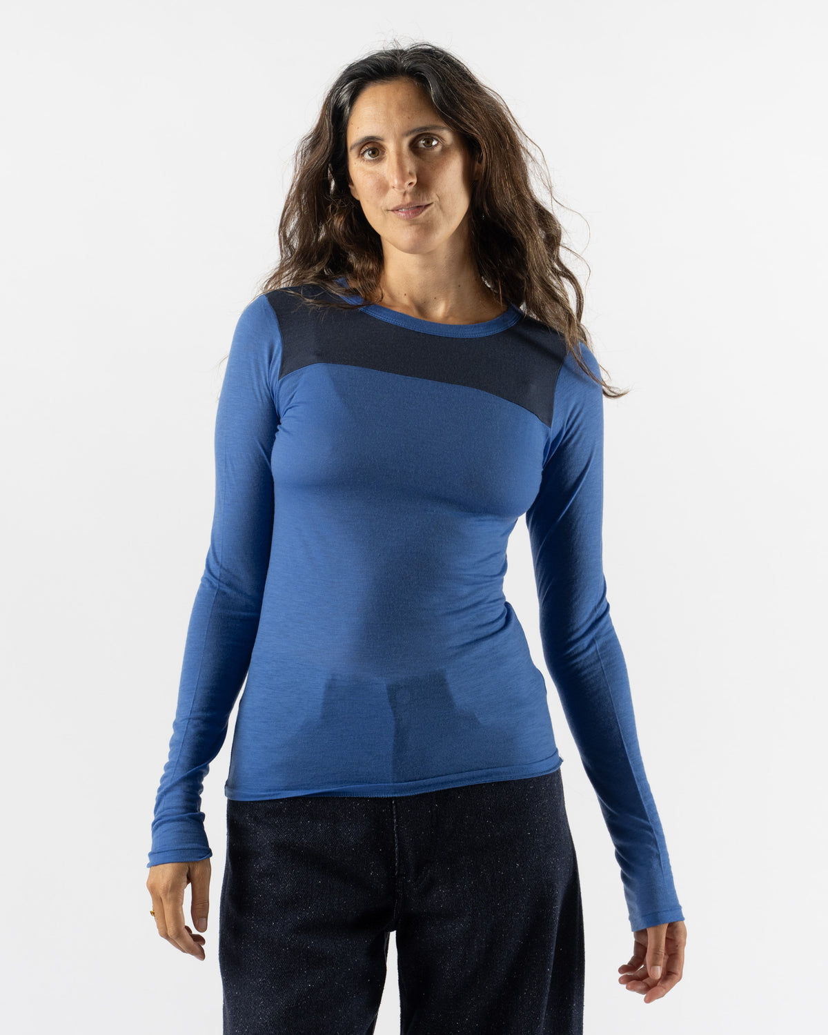 Auralee Cashmere Nylon Jersey Contrast L/S Tee in Blue X Navy