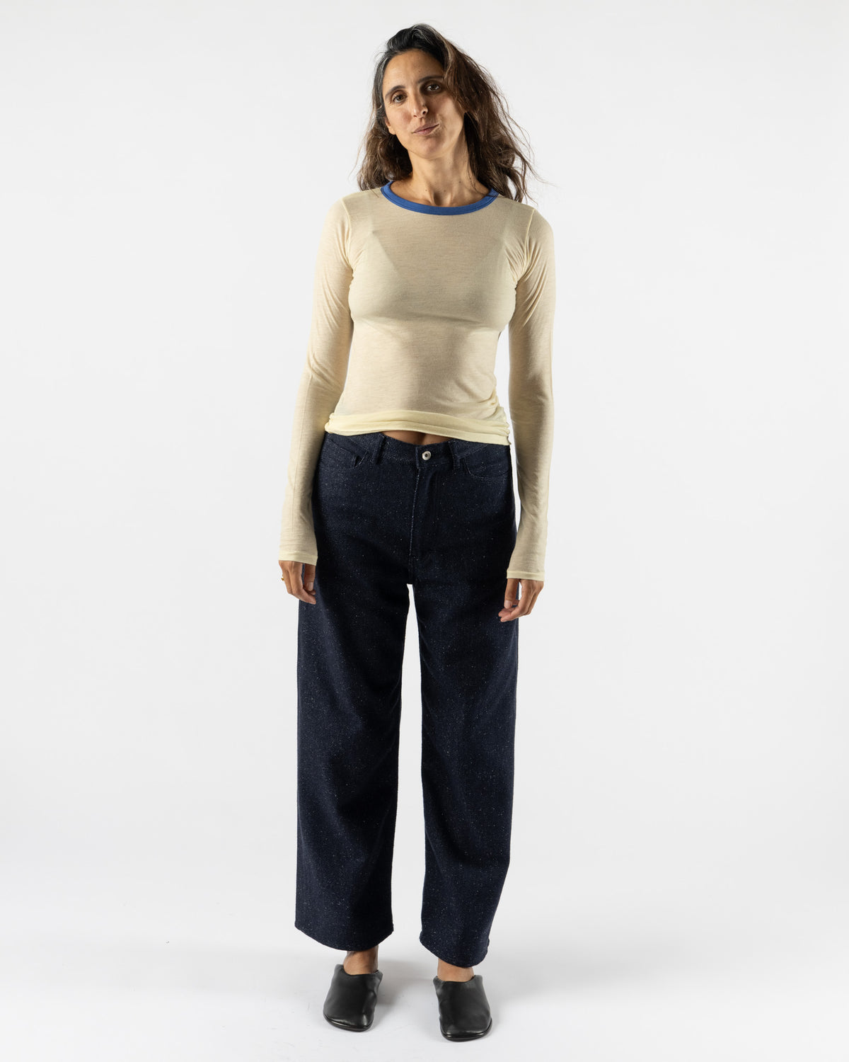 Auralee Silk Nep Denim 5P Wide Pants in Dark Navy