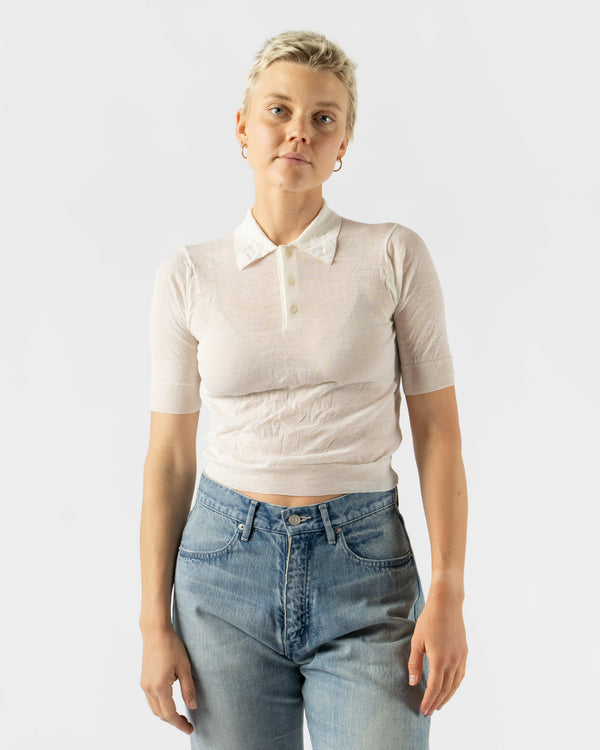 Auralee Wrinkled Wool Polyester High Gauge Knit Polo in Ivory White