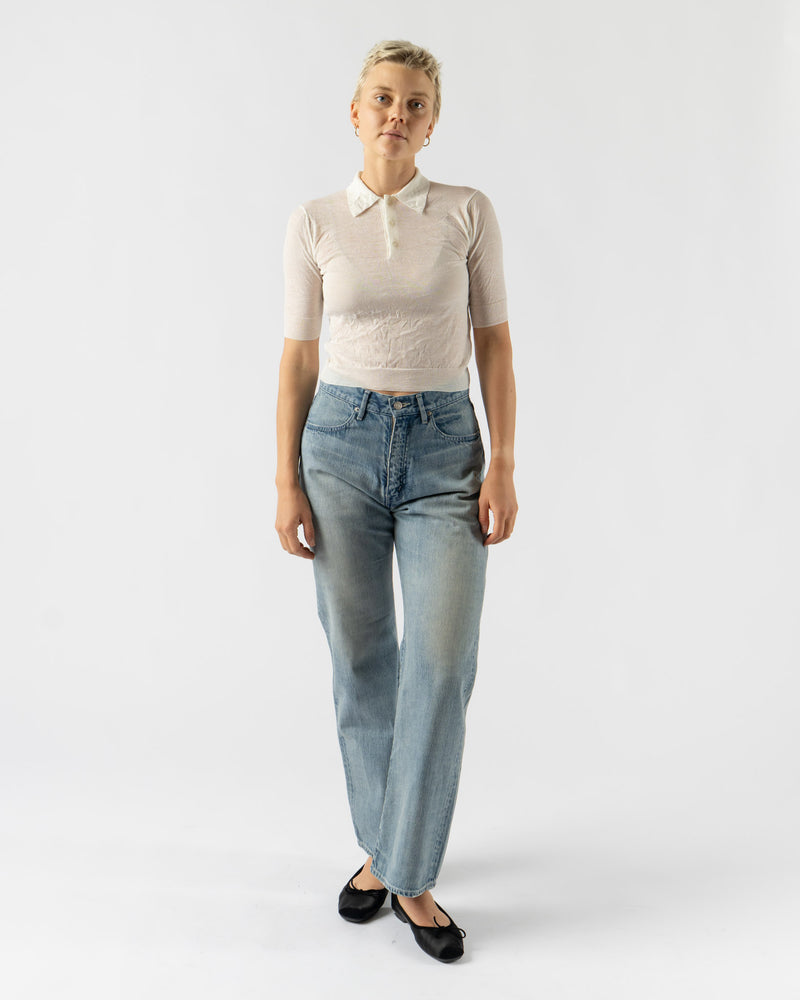 Auralee Wrinkled Wool Polyester High Gauge Knit Polo in Ivory White