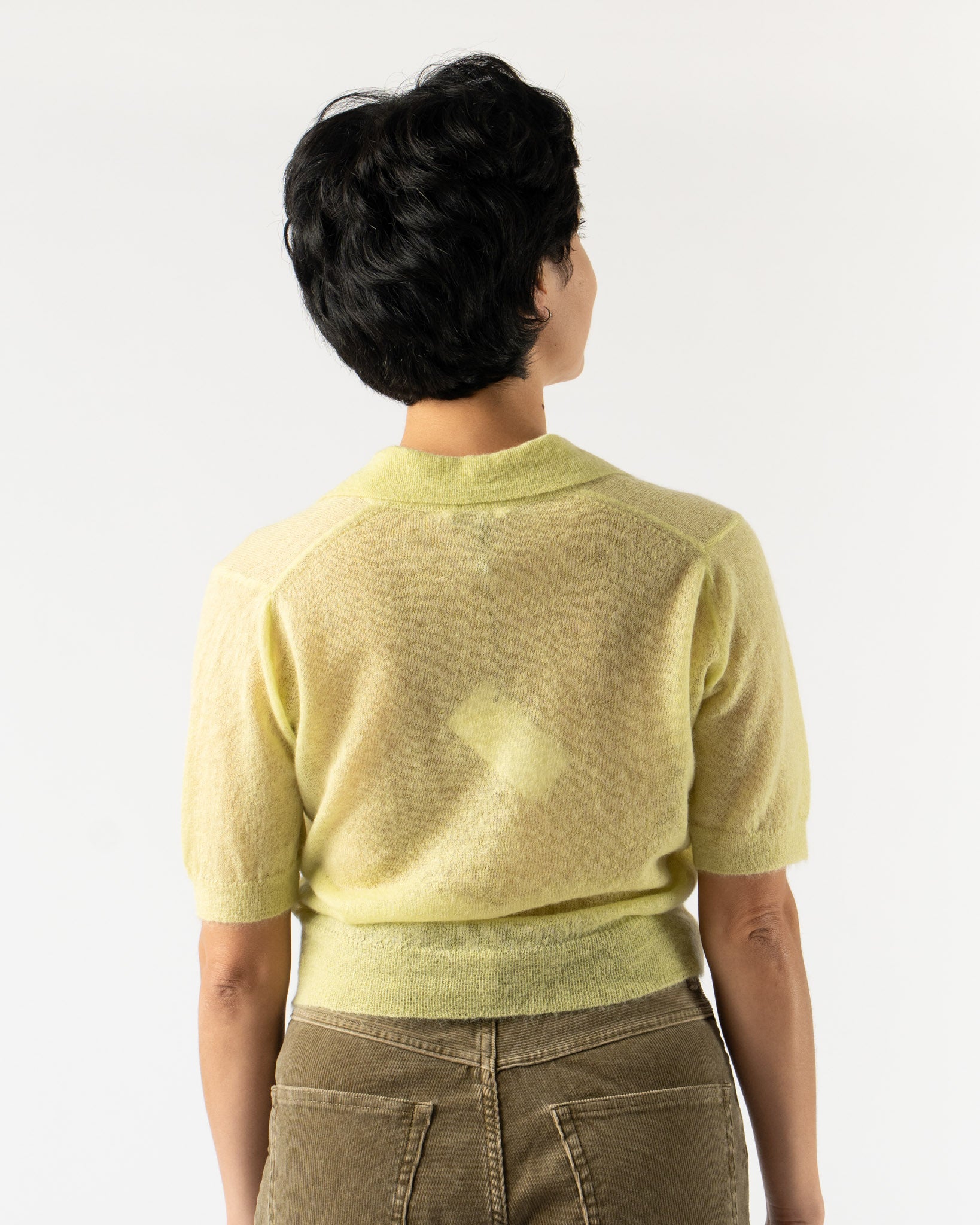 Auralee Kid Mohair Sheer Knit Polo in Lime Yellow