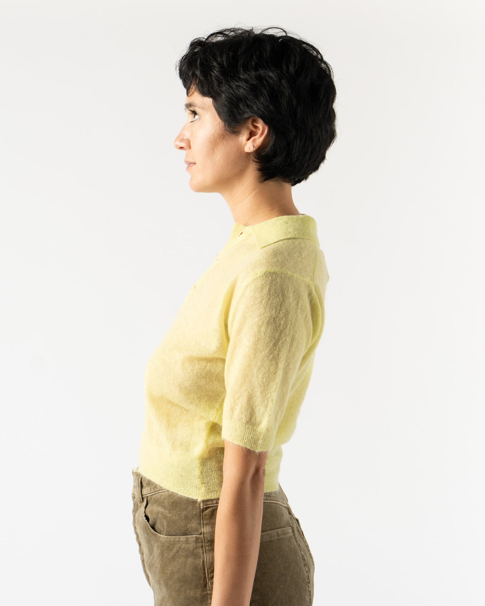 Auralee Kid Mohair Sheer Knit Polo in Lime Yellow Curated at