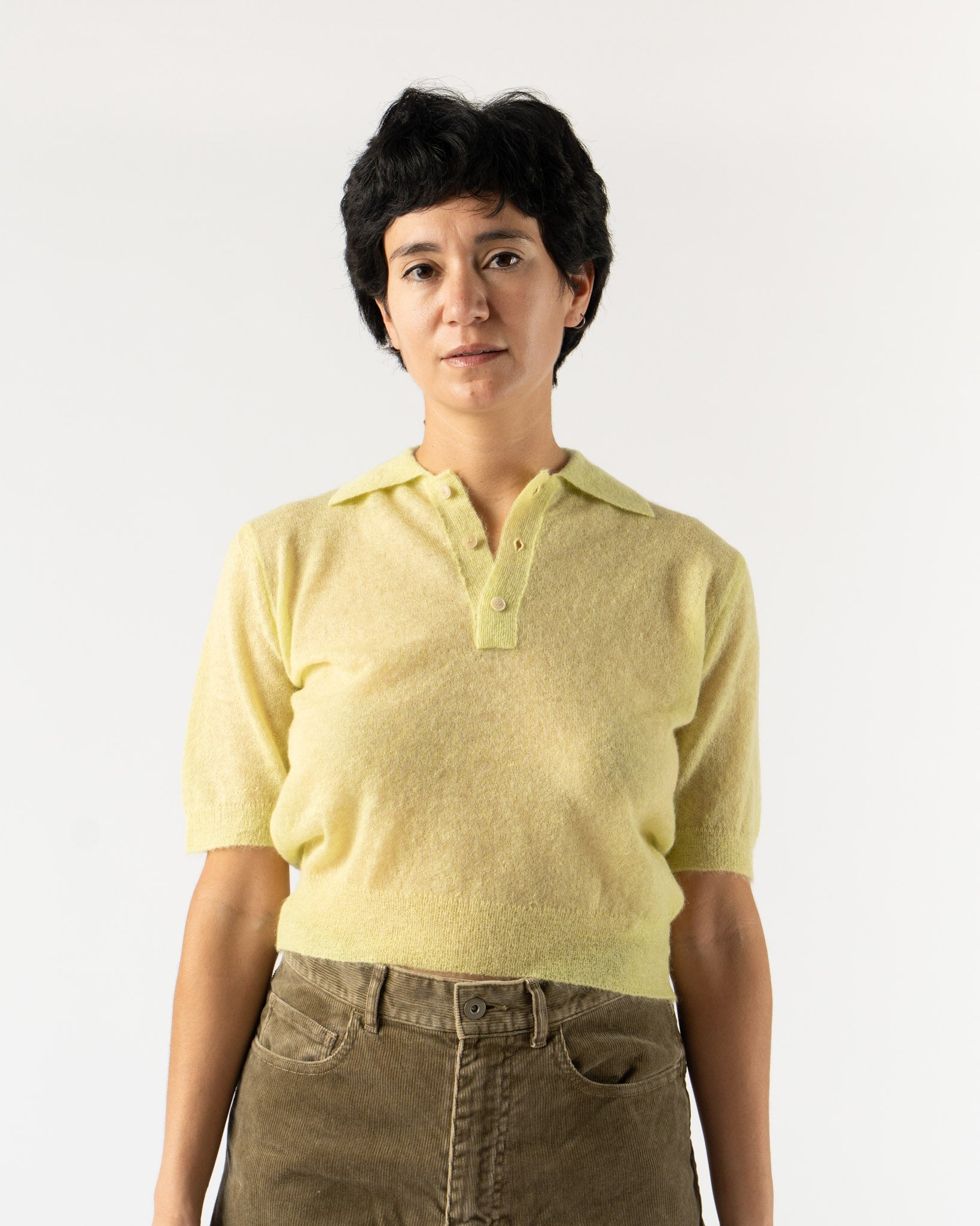 Auralee Kid Mohair Sheer Knit Polo in Lime Yellow