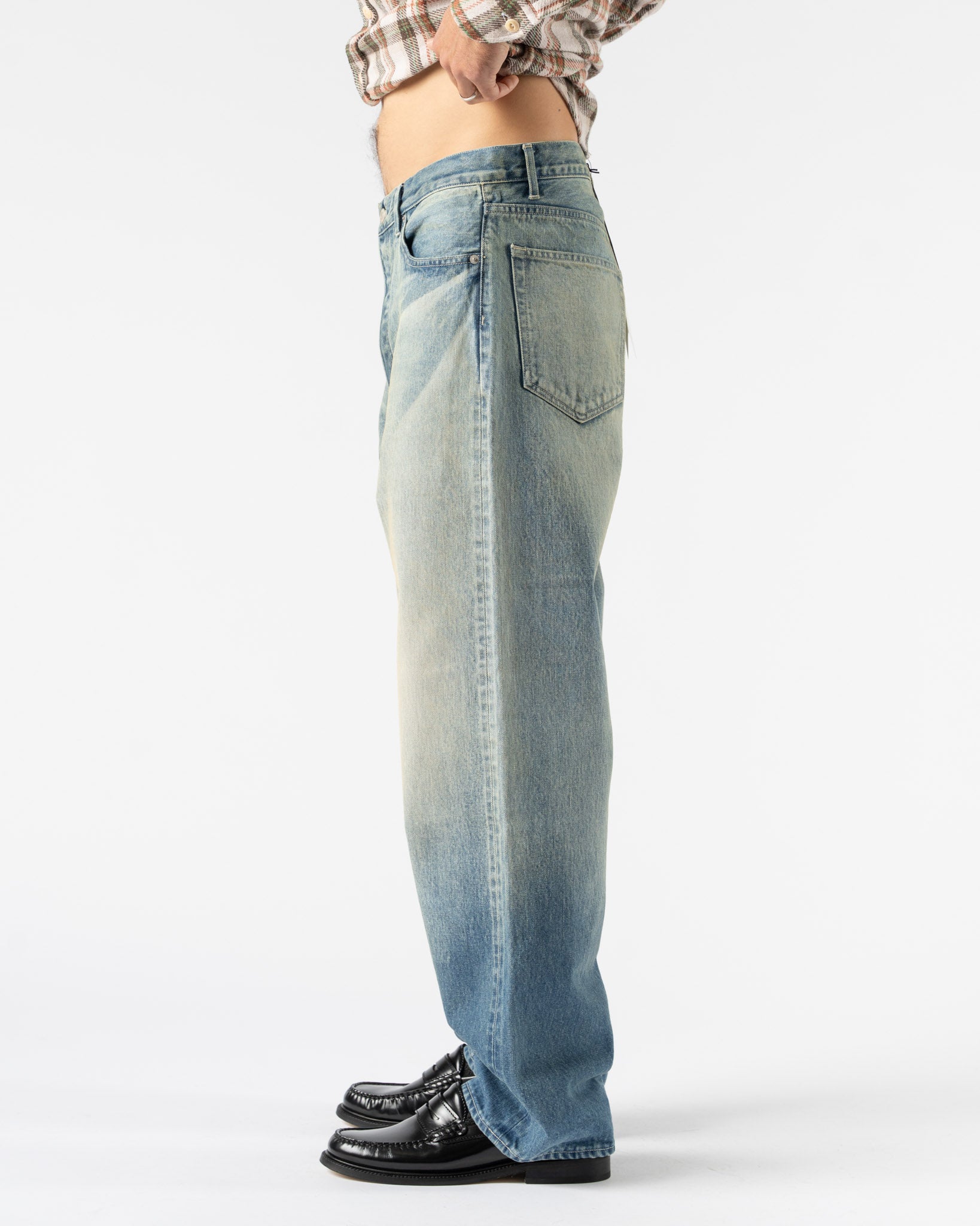 Auralee Selvedge Faded Heavy Denim Wide Pants in Indigo