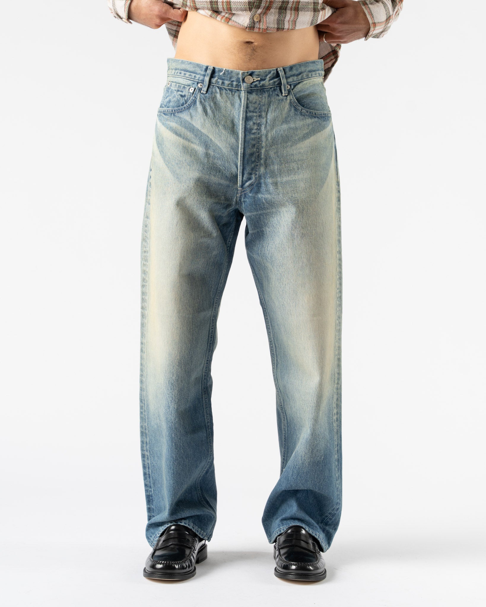 Auralee Selvedge Faded Heavy Denim Wide Pants in Indigo