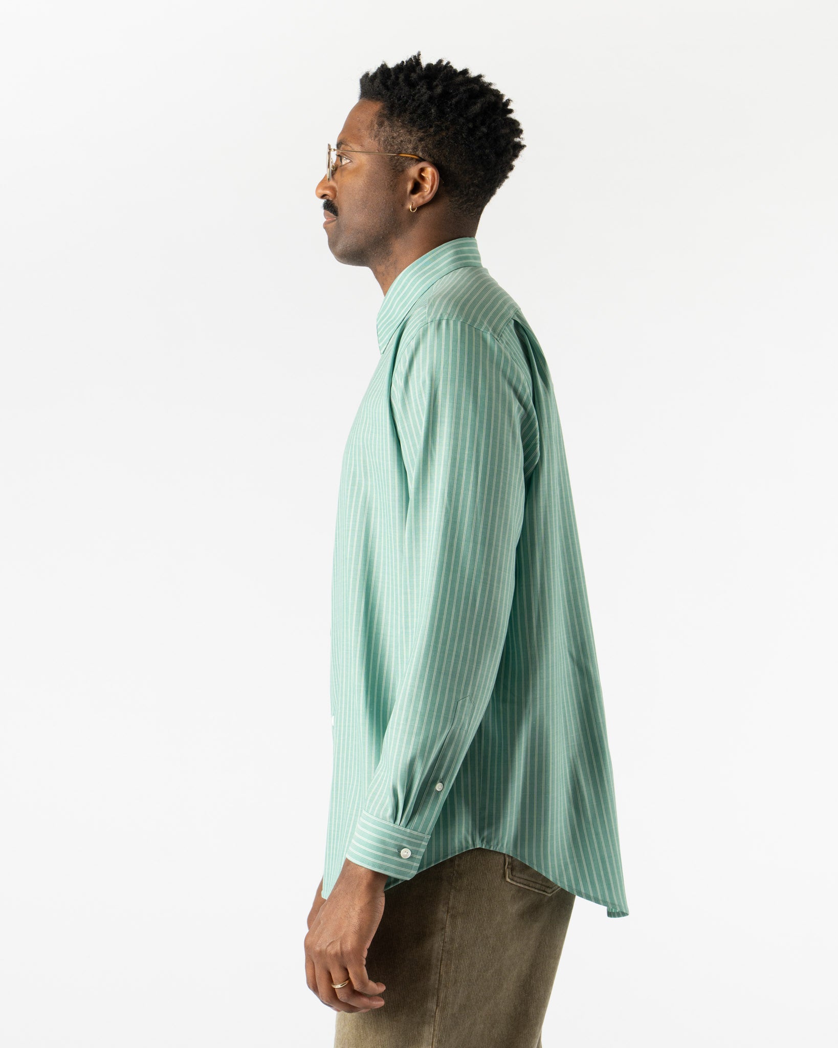 Auralee Super Fine Wool Stripe Shirt in Green Stripe