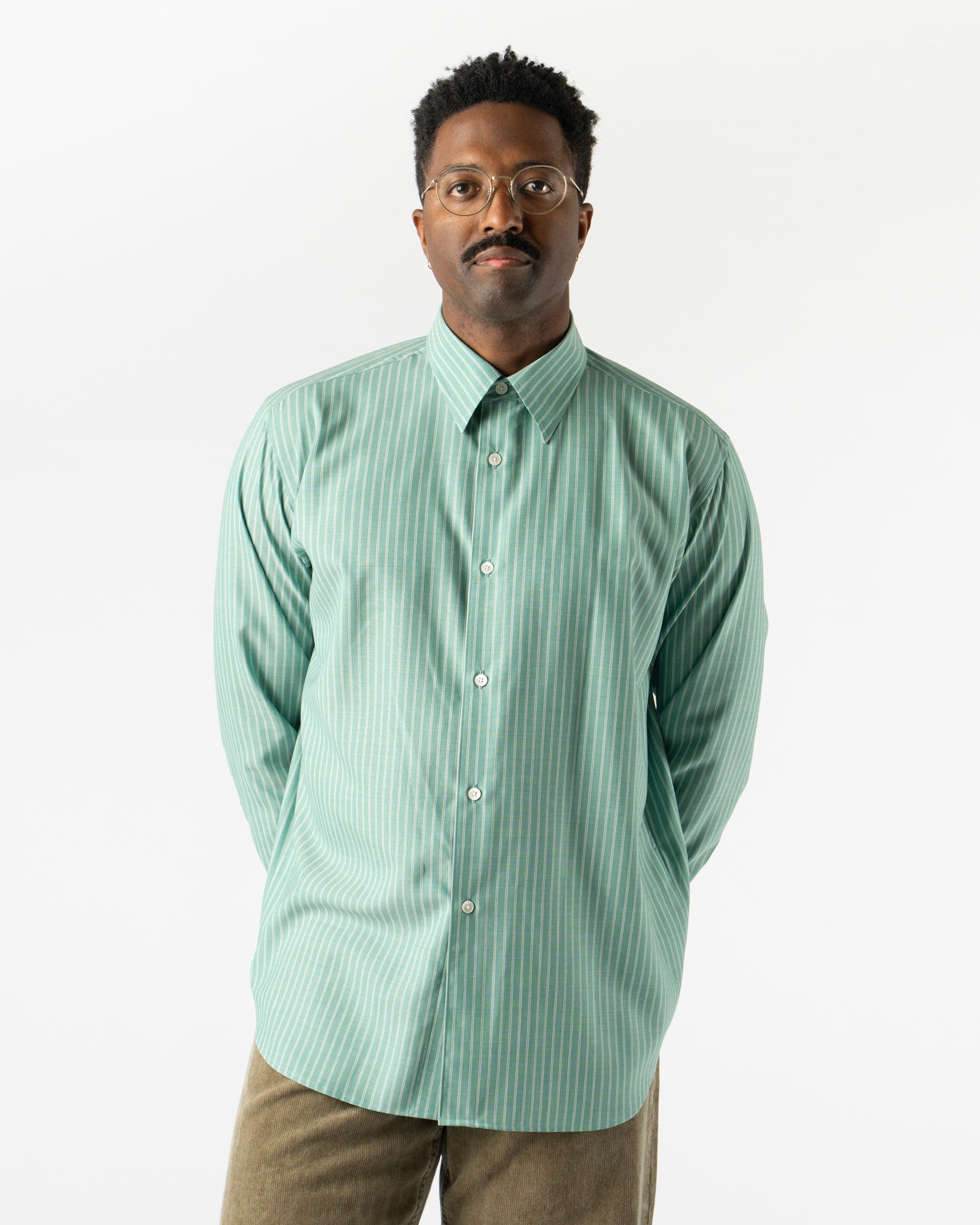 Auralee Super Fine Wool Stripe Shirt in Green Stripe