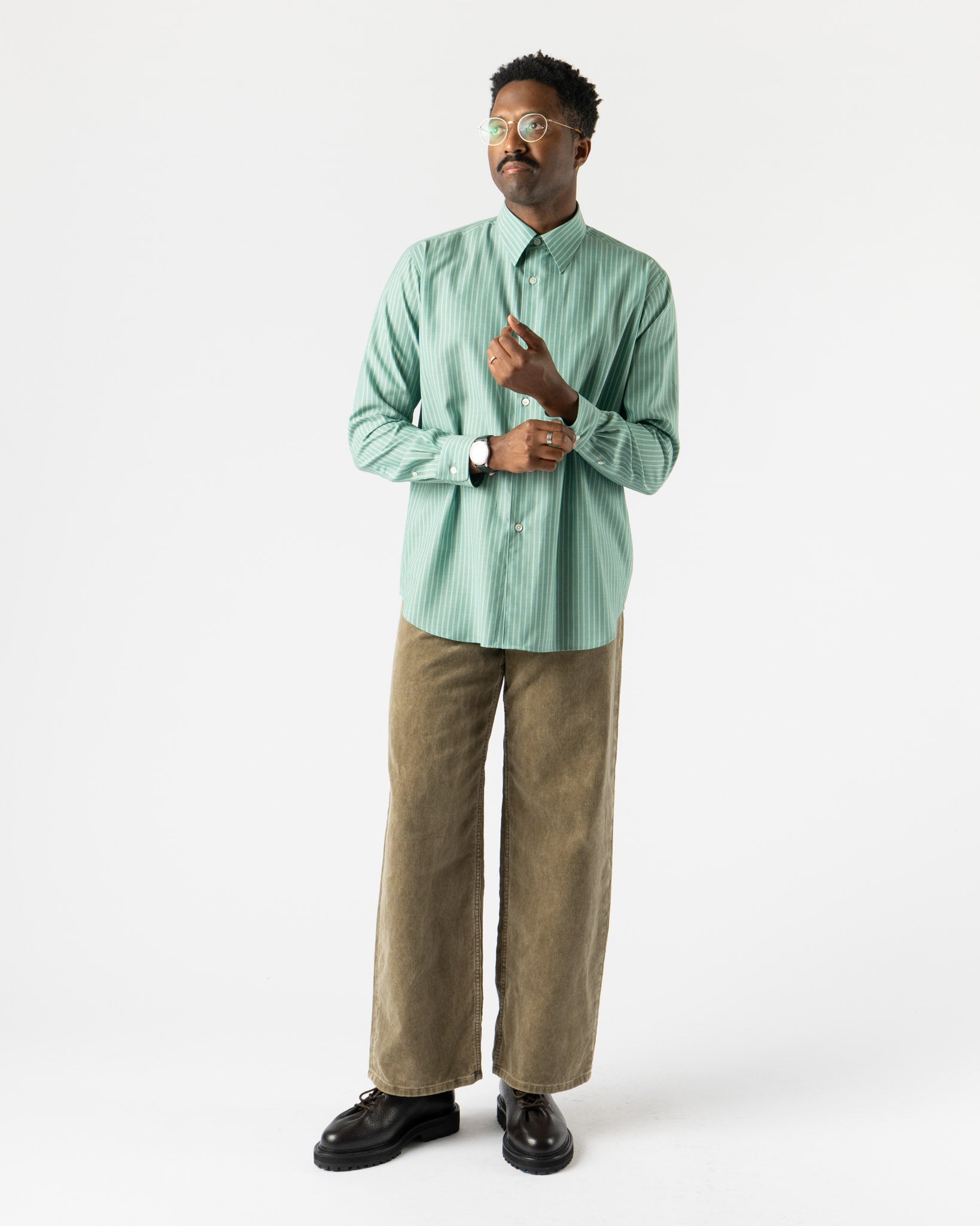 Auralee Super Fine Wool Stripe Shirt in Green Stripe