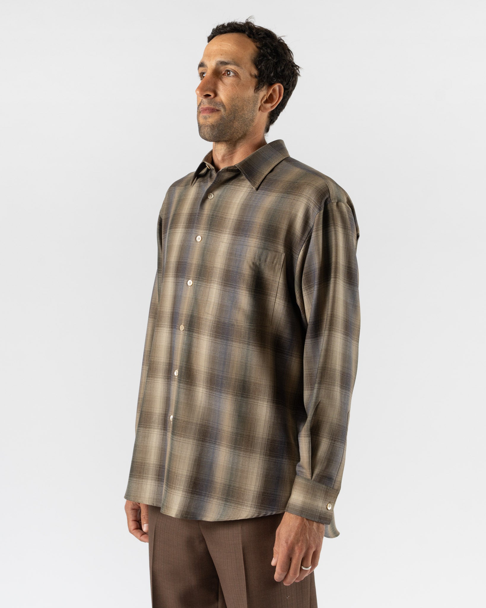 Auralee Super Light Wool Check Shirt in Brown Blue Check