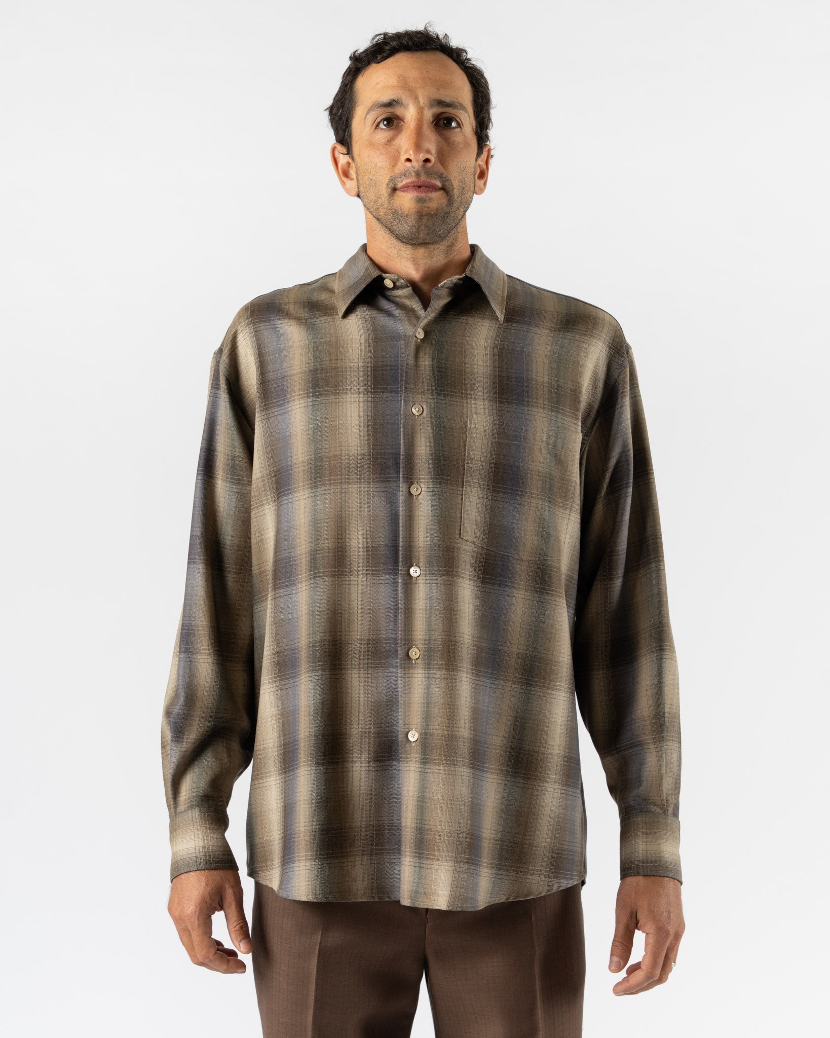 Auralee Super Light Wool Check Shirt in Brown Blue Check