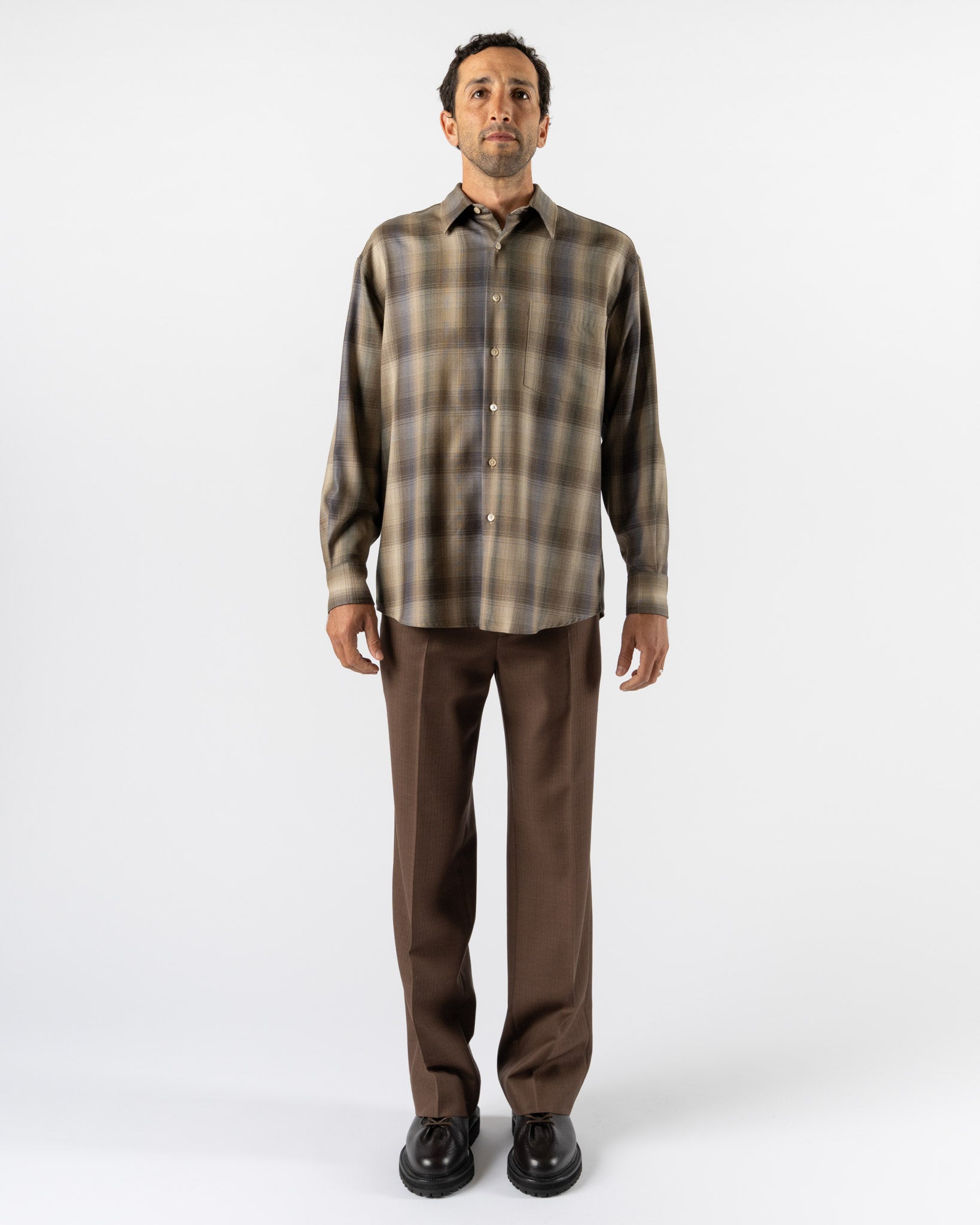 Auralee Super Light Wool Check Shirt in Brown Blue Check