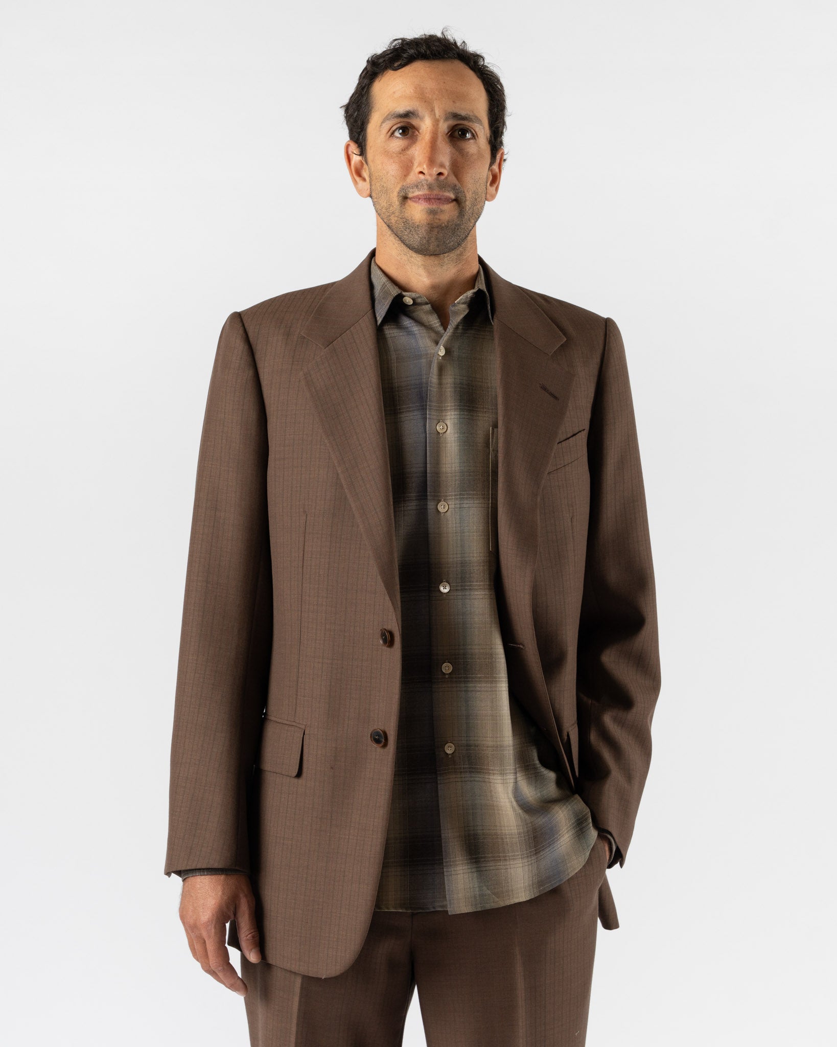 Auralee Bluefaced Wool Jacket in Brown Red Stripe