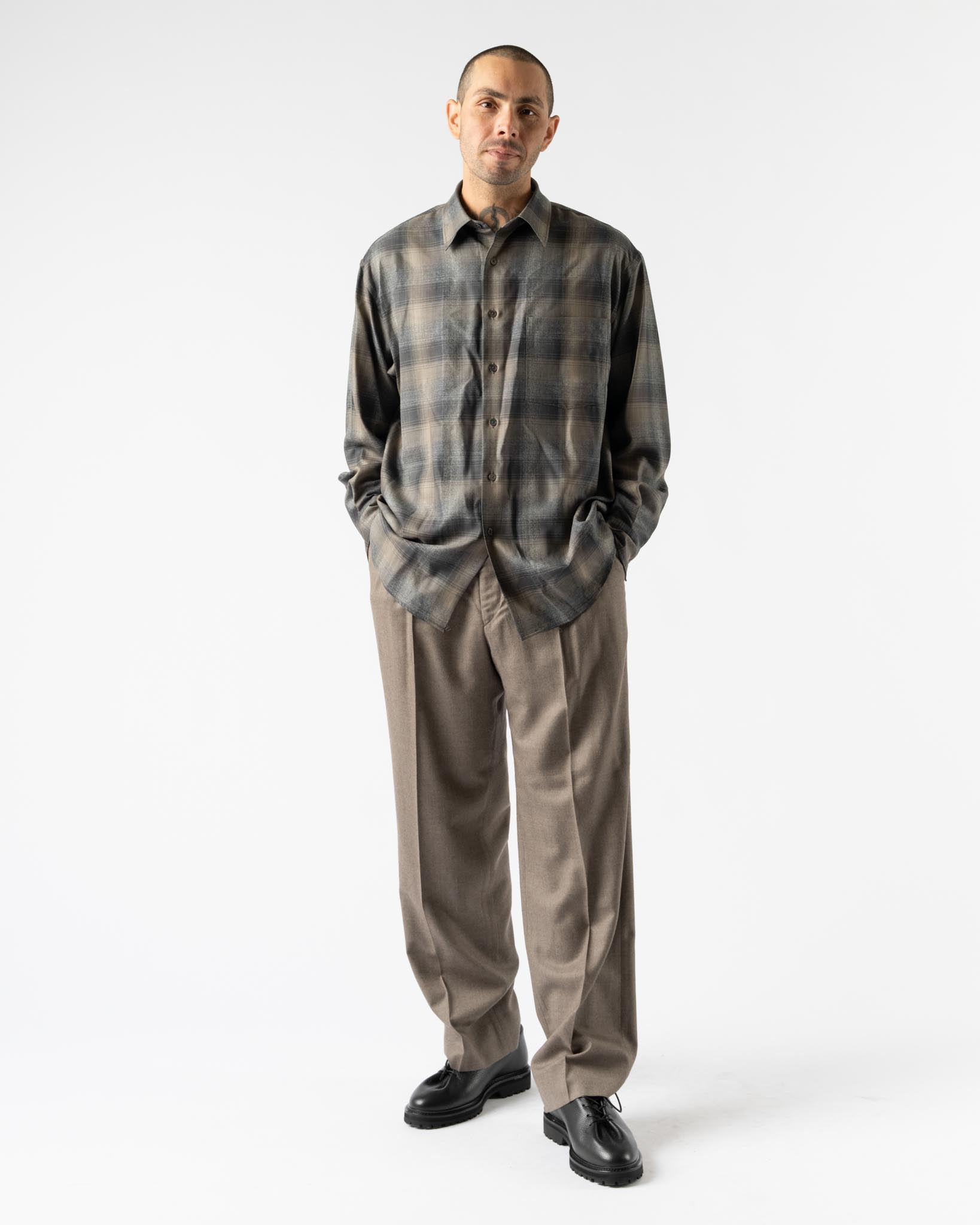 Auralee Super Light Wool Check Shirt in Charcoal/Grey Check