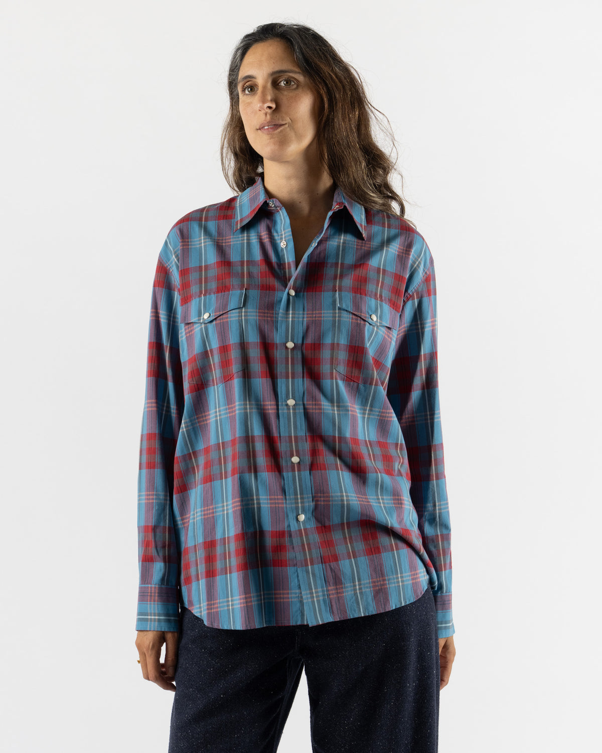 Auralee High Twist Cotton Silk Check Shirt in Blue Check