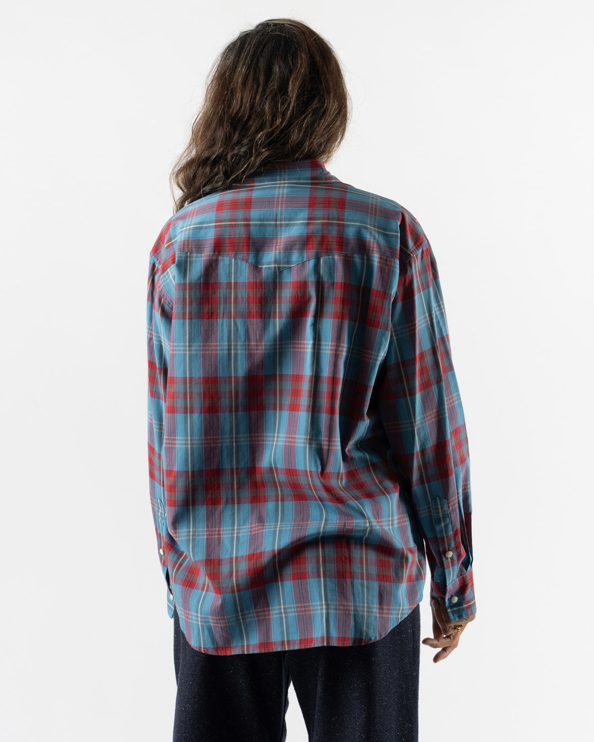 Auralee High Twist Cotton Silk Check Shirt in Blue Check