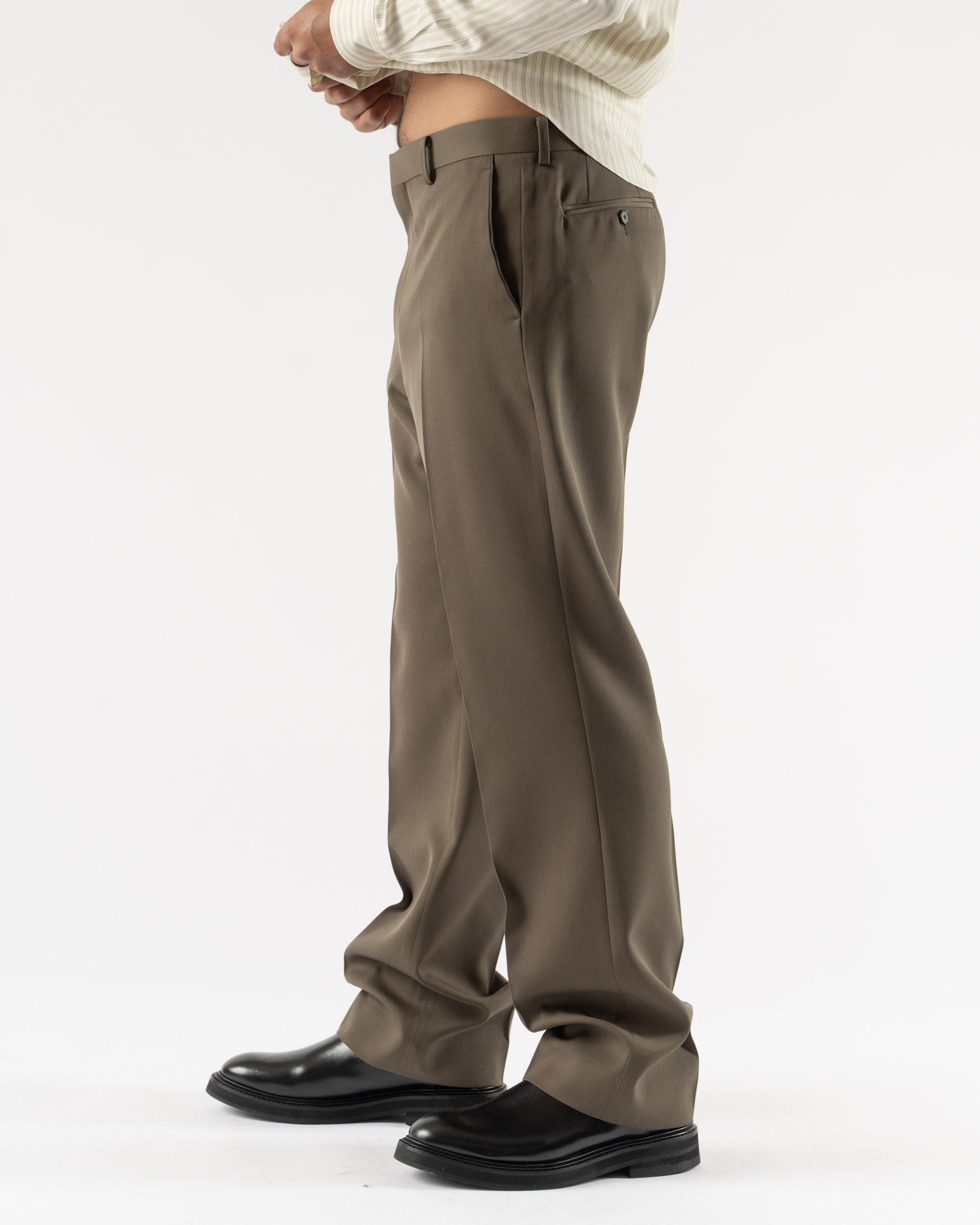 パンツ 2024 AURALEE CALF NUBUCK LEATHER PANTS 3 Auralee Pants in Dark Olive Brown Curated at Jake and Jones