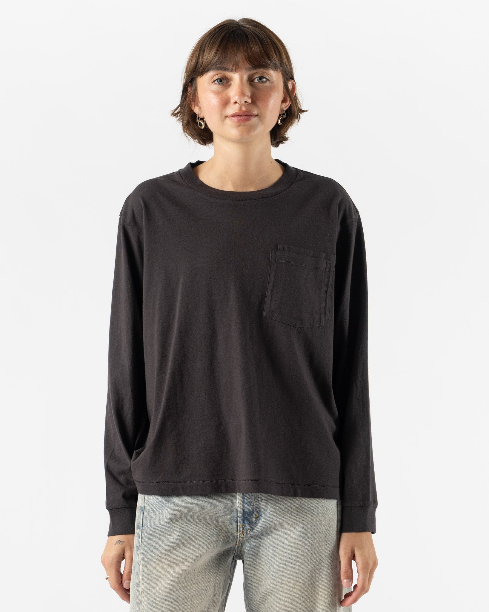 B Sides Double Pocket LS Tee in Faded Black Overdye