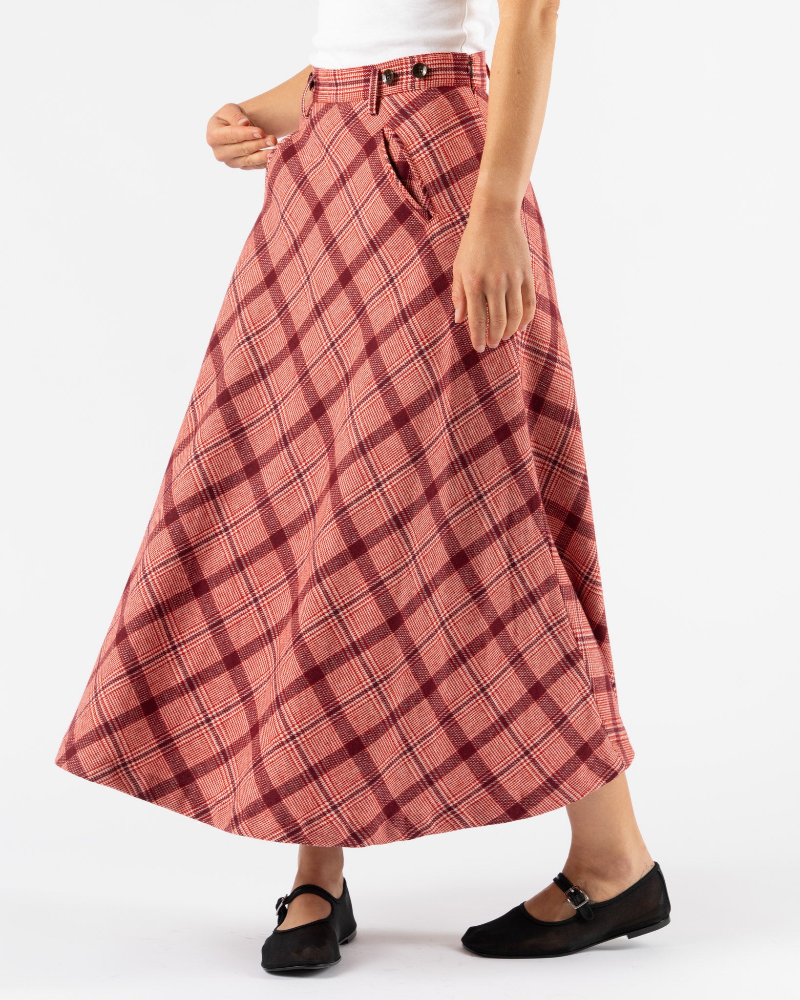 Beams Boy Check Long A-Line Skirt in Red