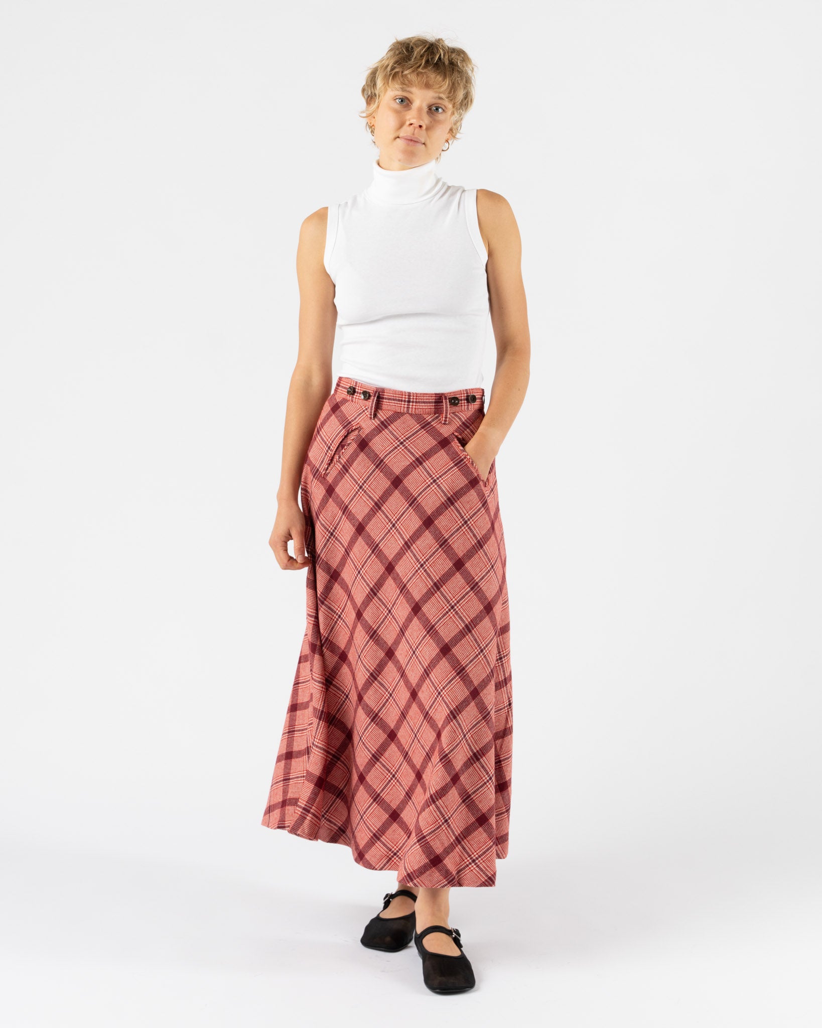 Beams Boy Check Long A-Line Skirt in Red