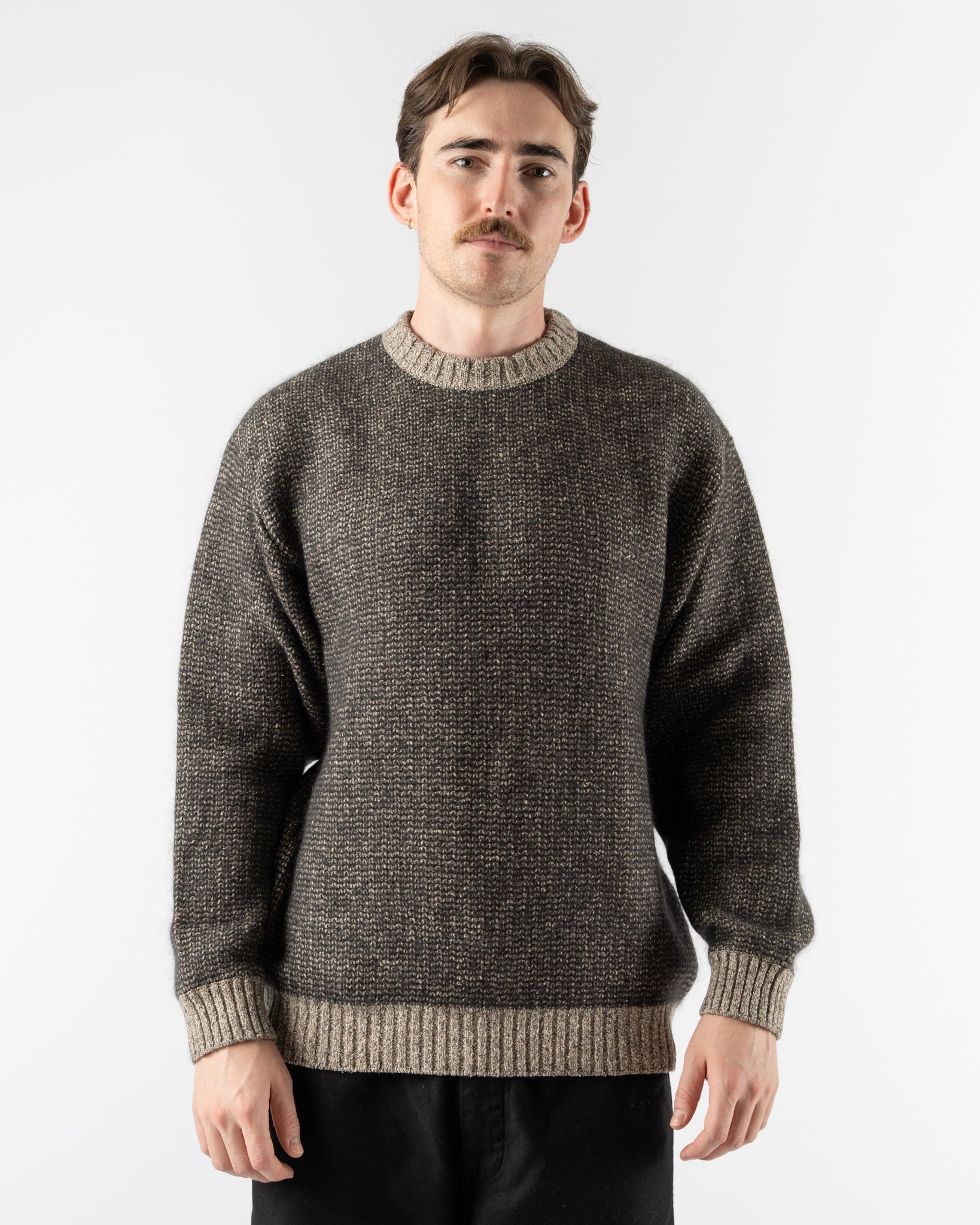 Beams Plus Crew Inlay Mohair Wool Silk Sweater in Beige