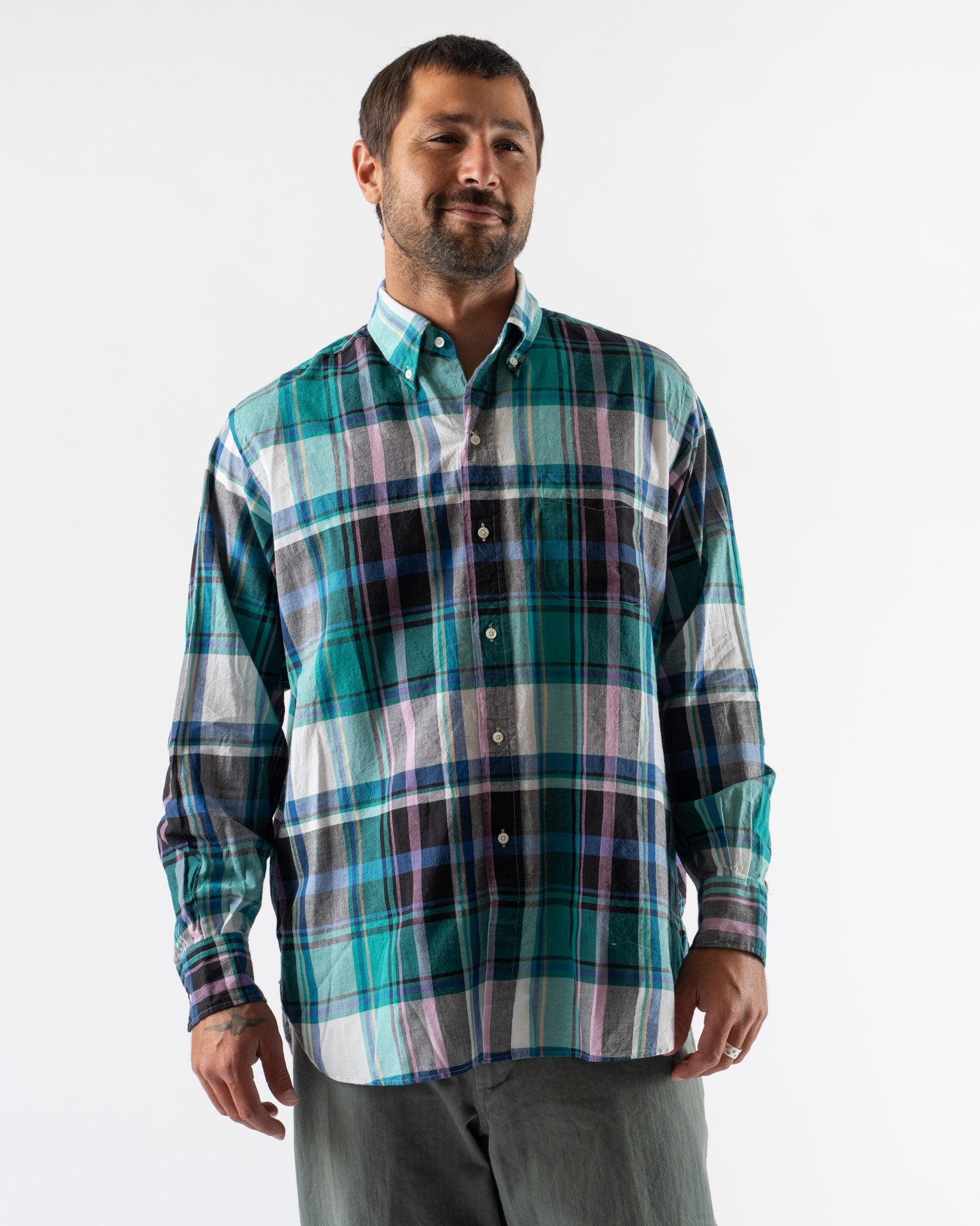 Beams Plus B.D. Classic Fit Madras Shirt in Green
