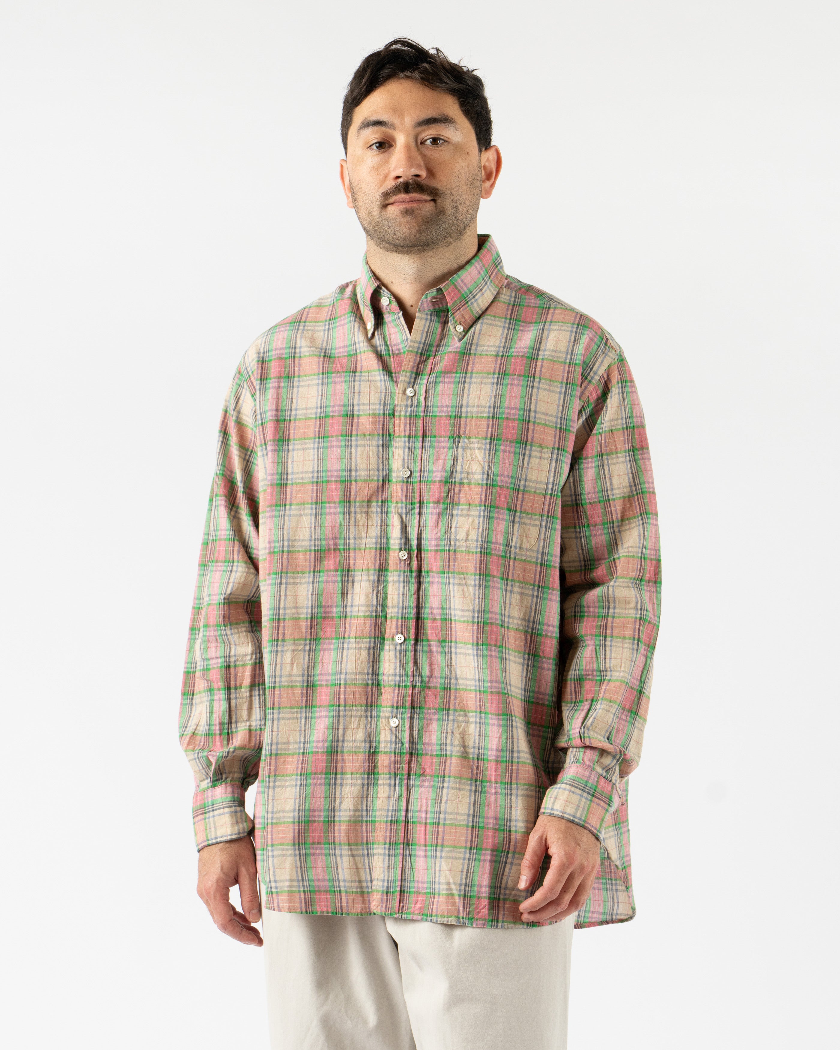 Beams Plus BD Classic Fit Madras Shirt in Pink featuring lightweight cotton and vibrant plaid pattern

