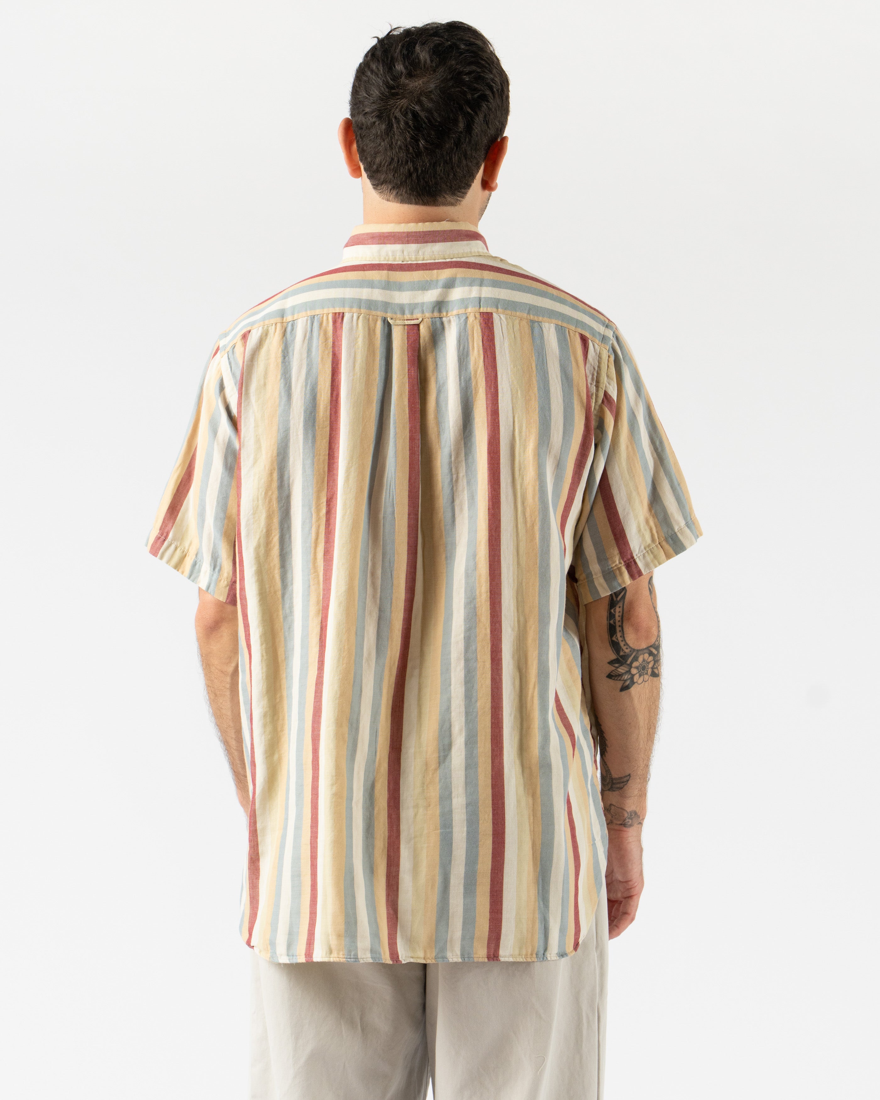 Beams Plus beige multi-stripe double gauze shirt – classic fit button-down perfect for warm weather style