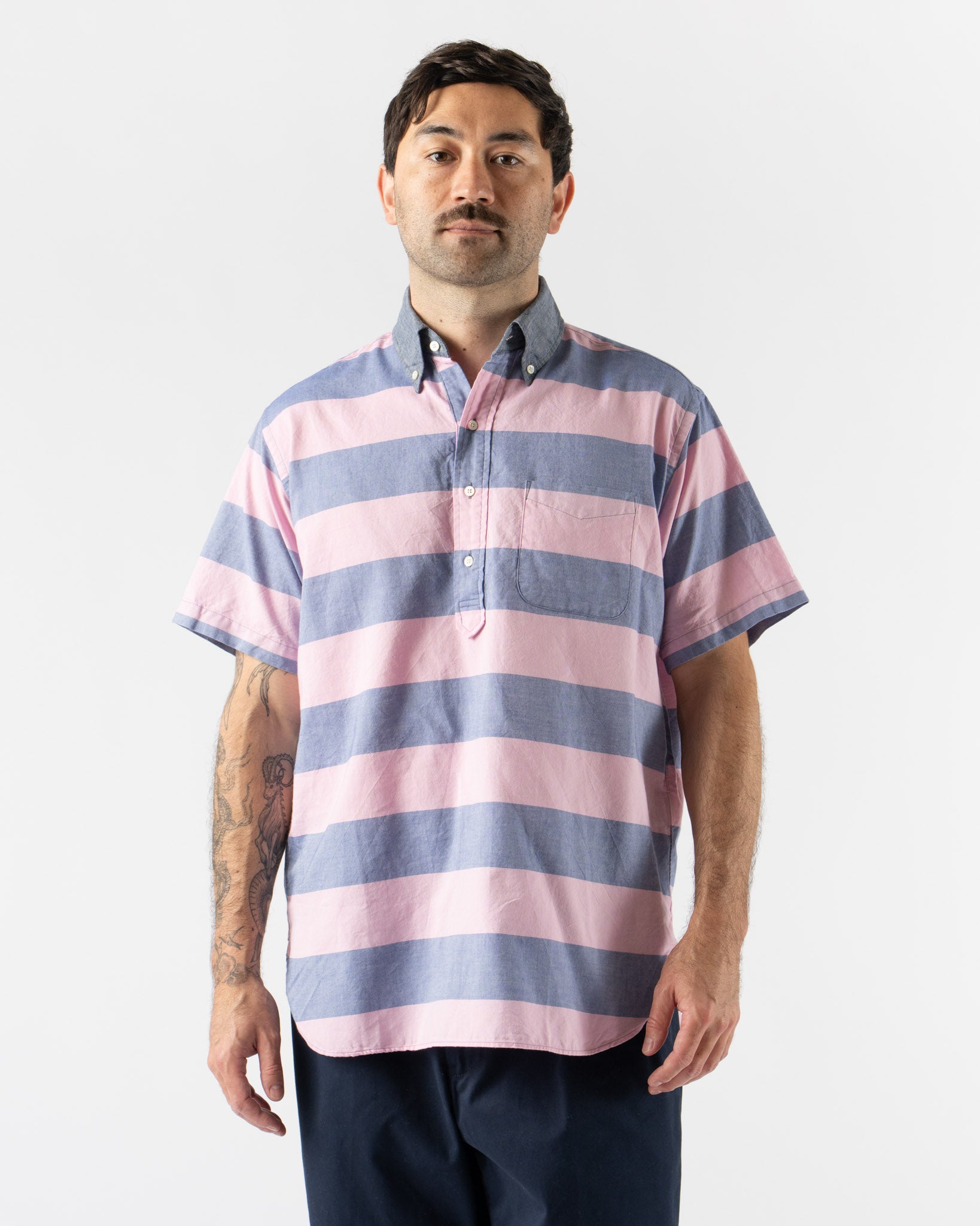 Beams Plus BD Pullover Classic Fit Oxford Stripe in Pink/Navy