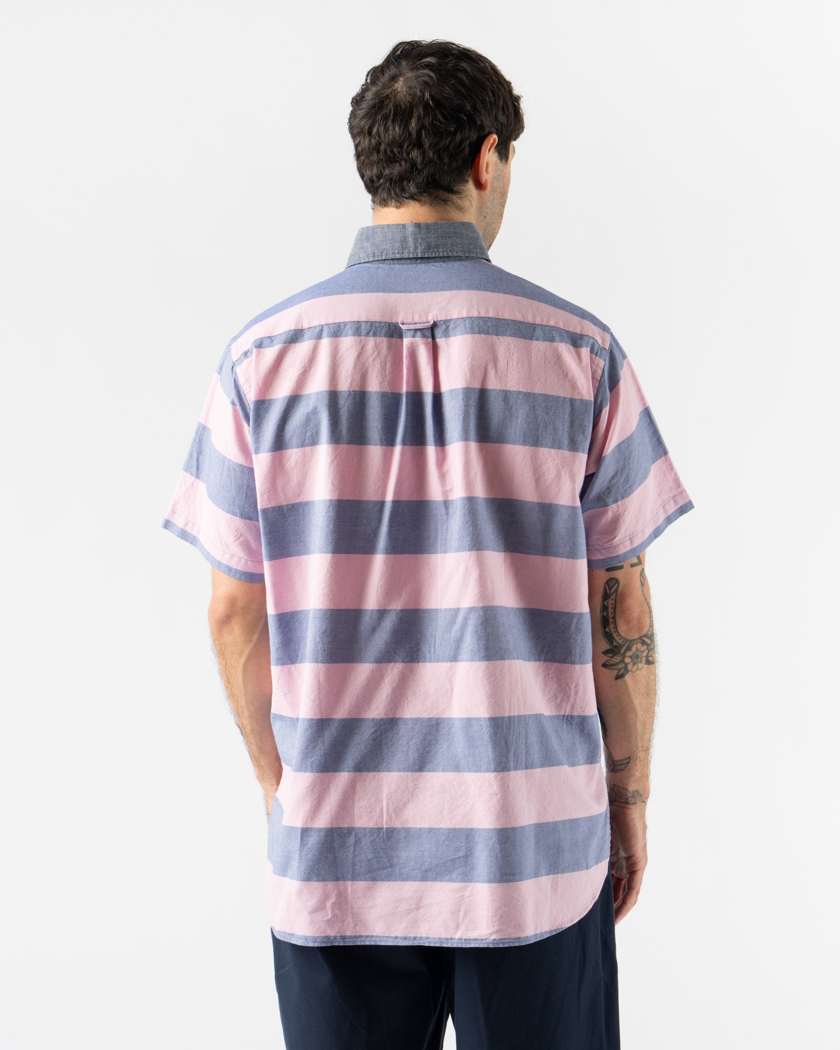 Beams Plus BD Pullover Classic Fit Oxford Stripe in Pink/Navy