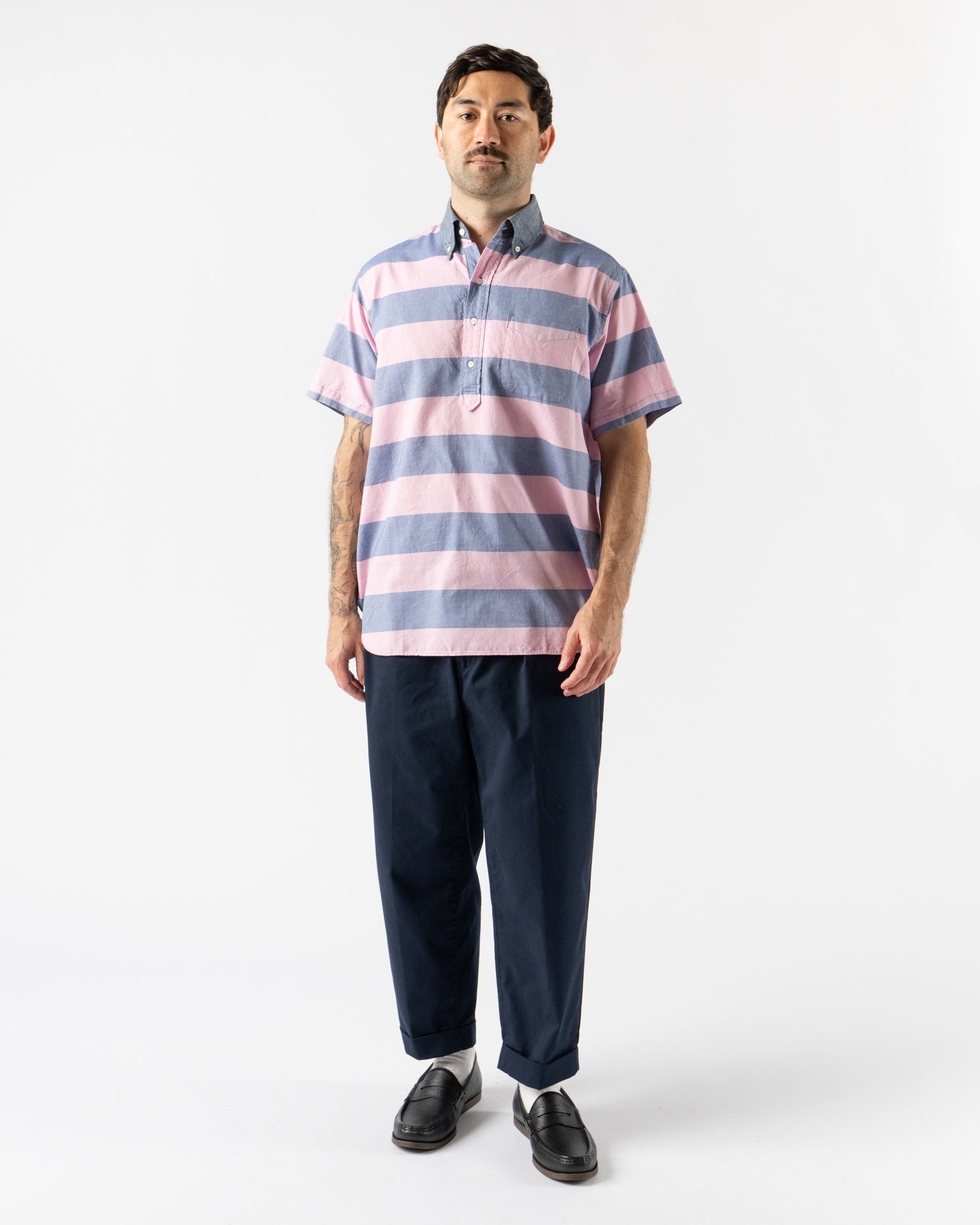 Beams Plus BD Pullover Classic Fit Oxford Stripe in Pink/Navy
