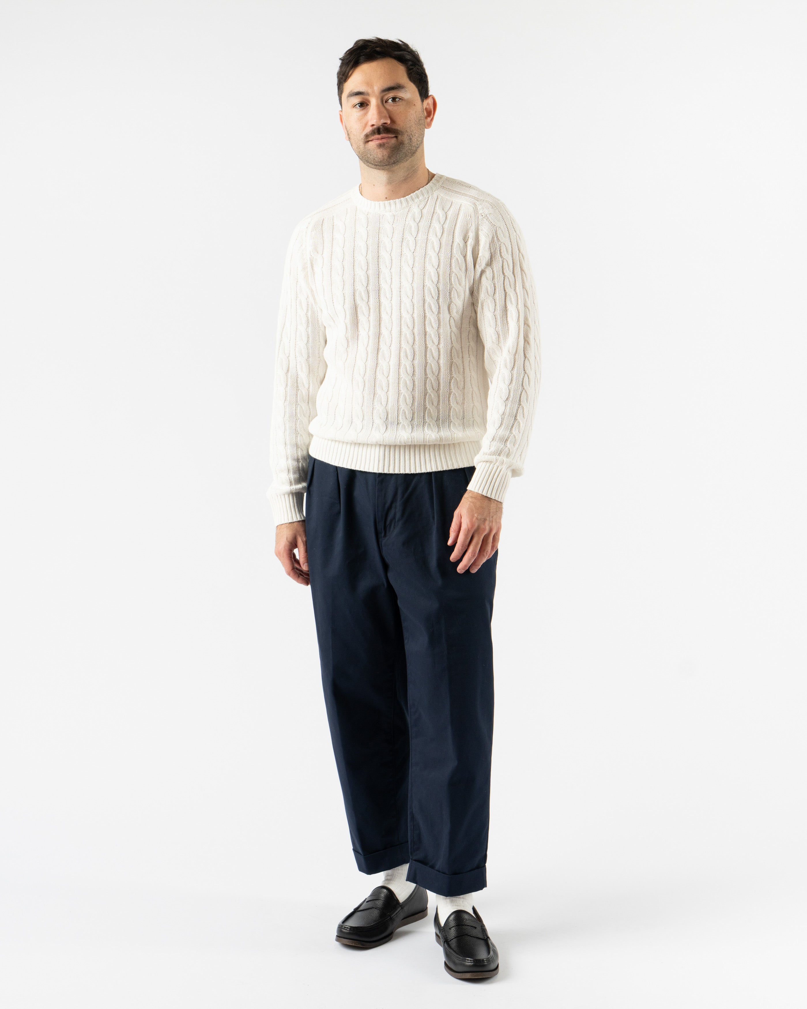 Beams Plus Cable Knit Crewneck in Cotton Linen White – classic crewneck sweater featuring a textured cable knit design, made from a breathable cotton-linen blend with ribbed cuffs and hem, perfect for lightweight layering in a crisp white tone.
